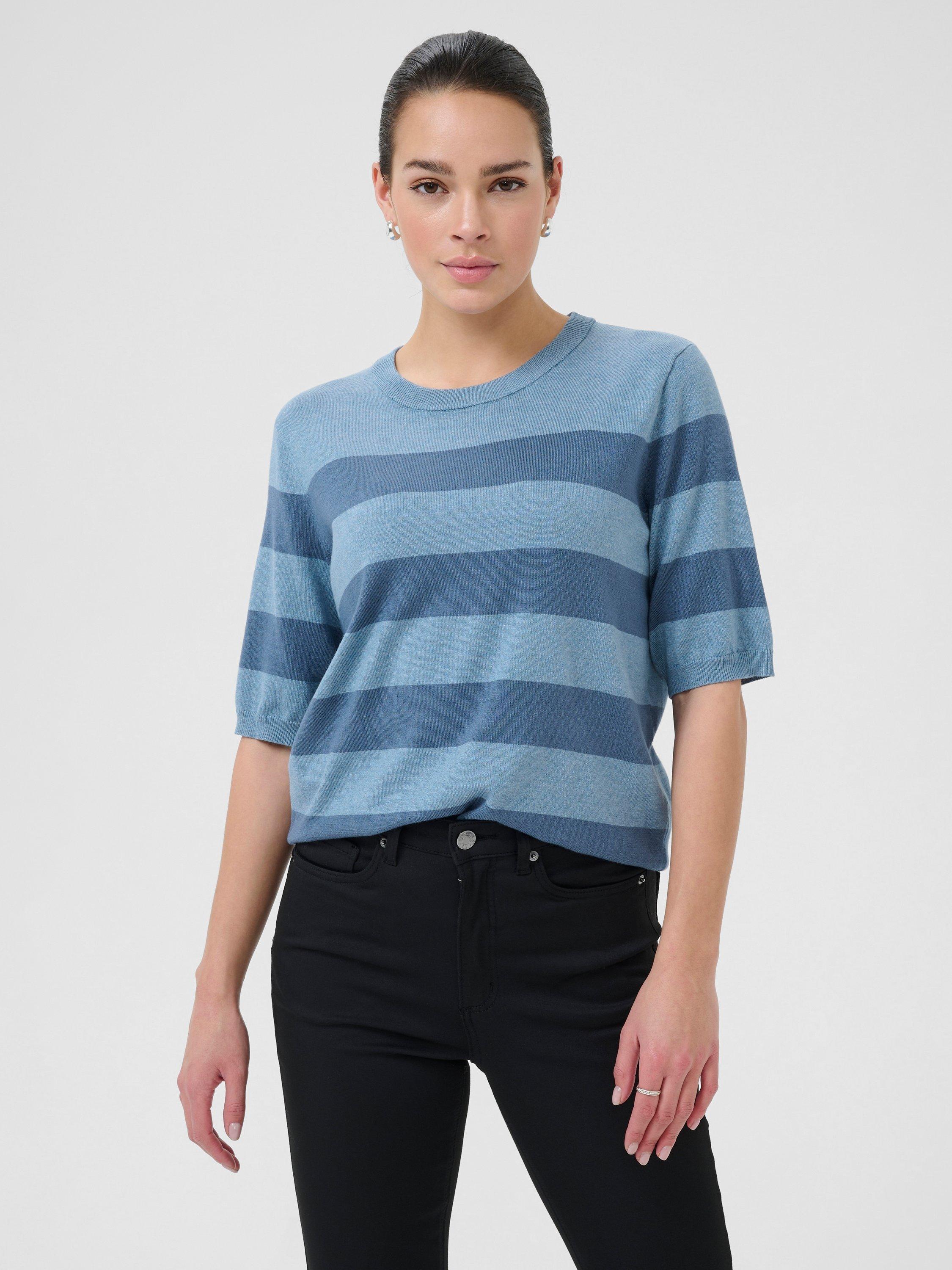 Product image 1 of 6, which shows KAFFE KAlizza Crew Neck Short Sleeve Stripe Jumper, Blue/Multi, XL