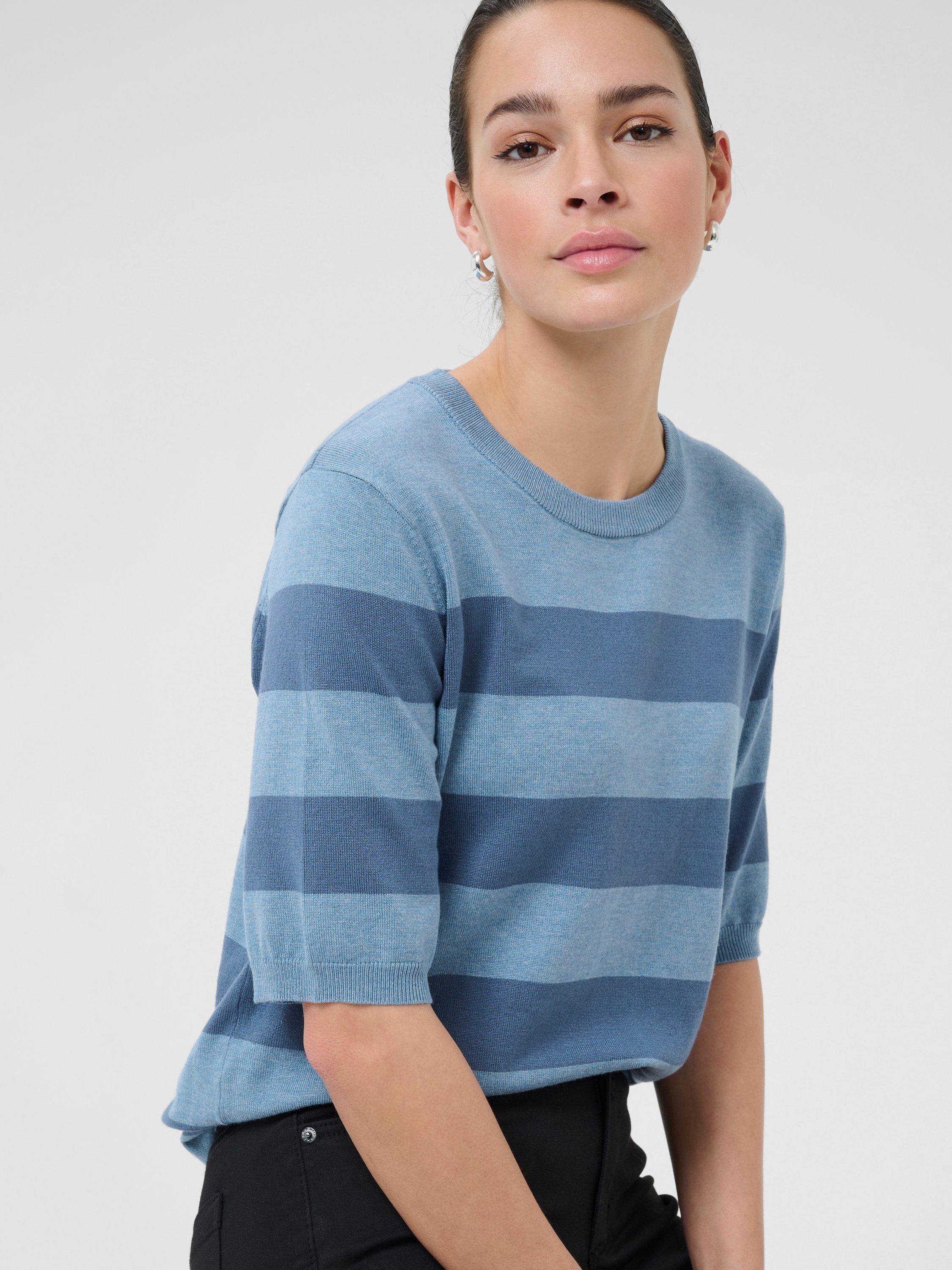 Product image 4 of 6, which shows KAFFE KAlizza Crew Neck Short Sleeve Stripe Jumper, Blue/Multi, XL