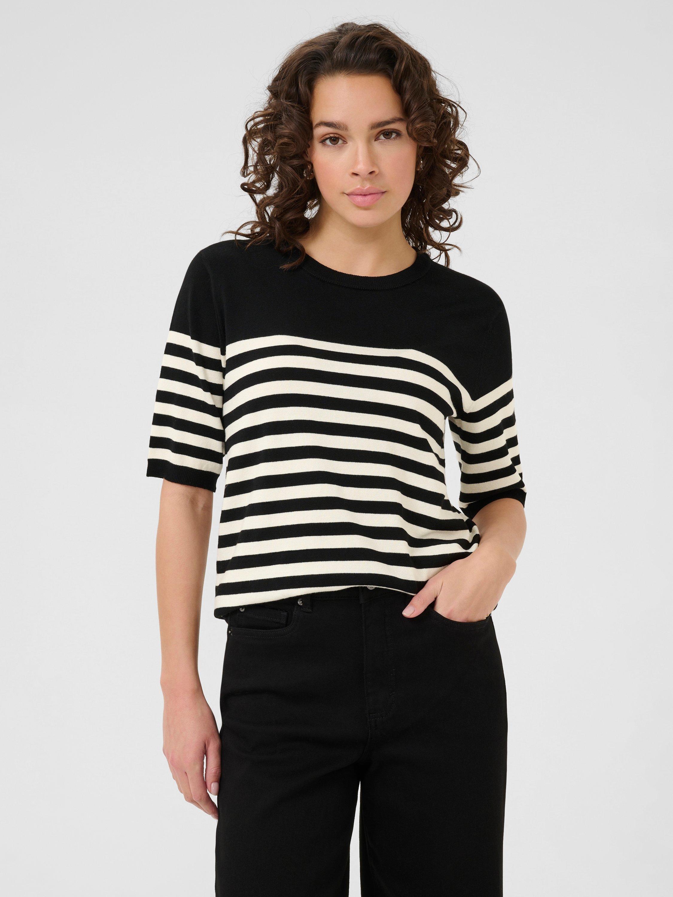 Product image 1 of 6, which shows KAFFE KAlizza Crew Neck Short Sleeve Stripe Jumper, Black/Multi, XL