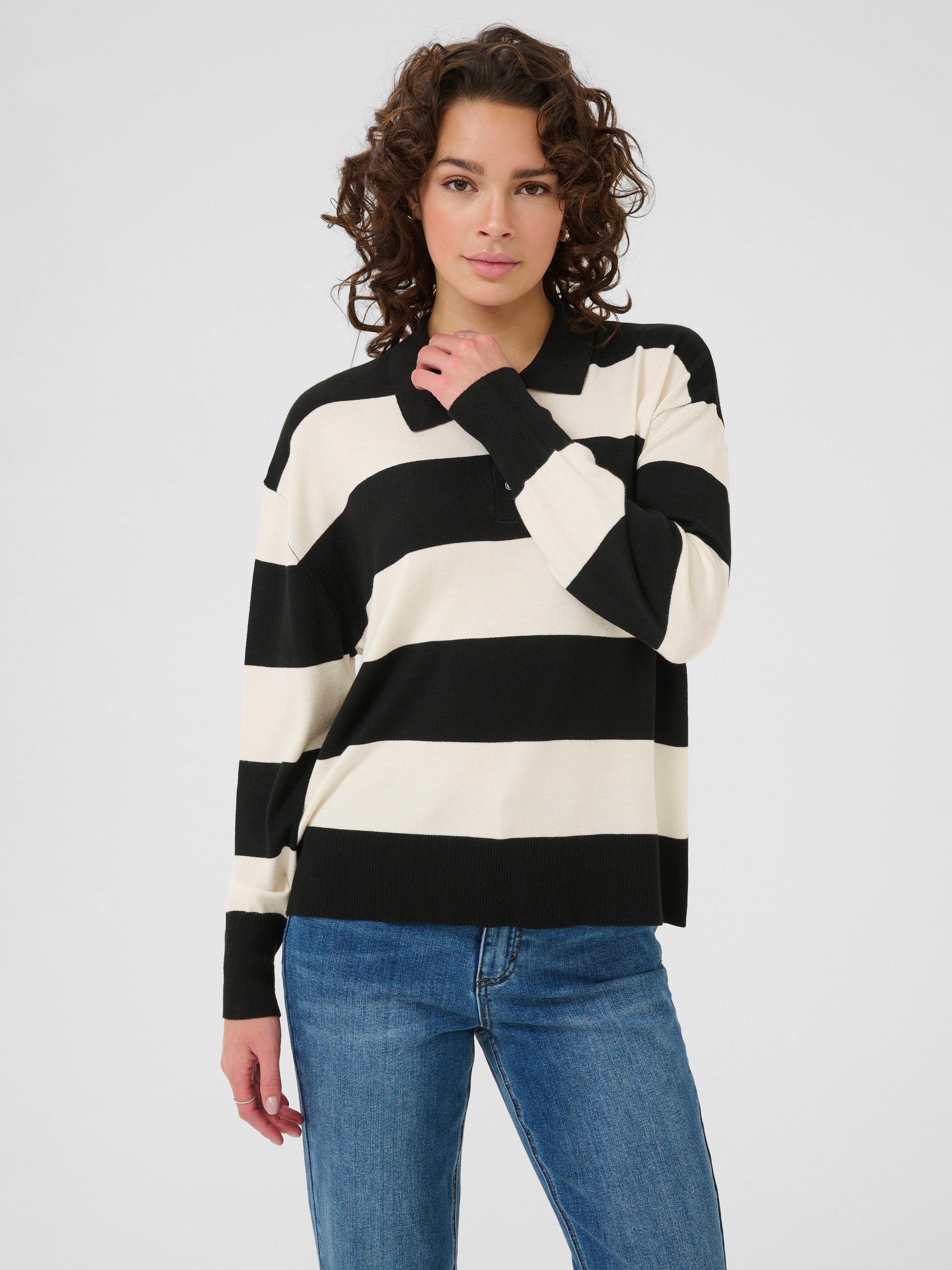 Product image 1 of 6, which shows KAFFE KAlizza Long Sleeve Stripe Polo Shirt, Black/Multi, XS