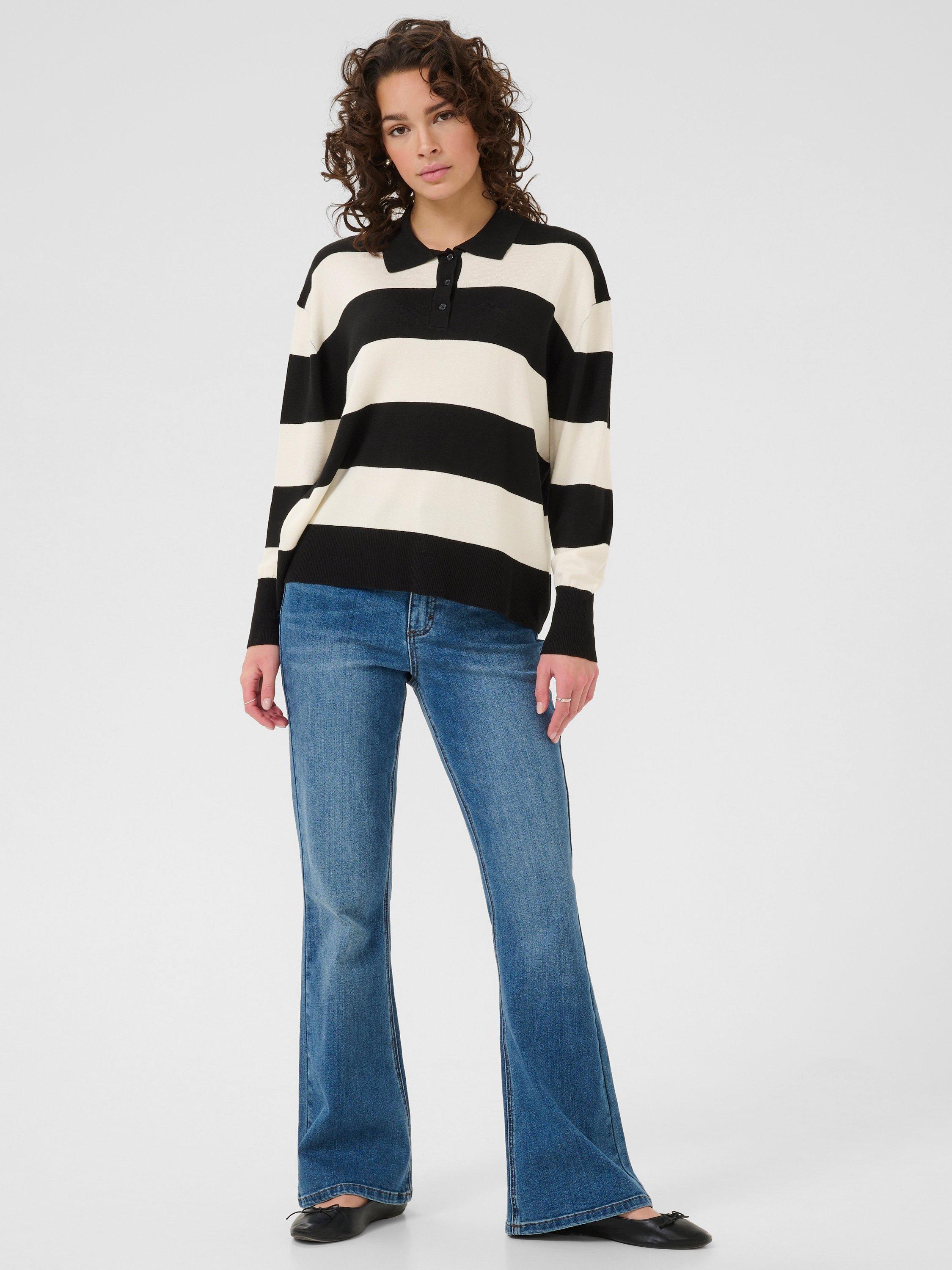 Product image 3 of 6, which shows KAFFE KAlizza Long Sleeve Stripe Polo Shirt, Black/Multi, XS