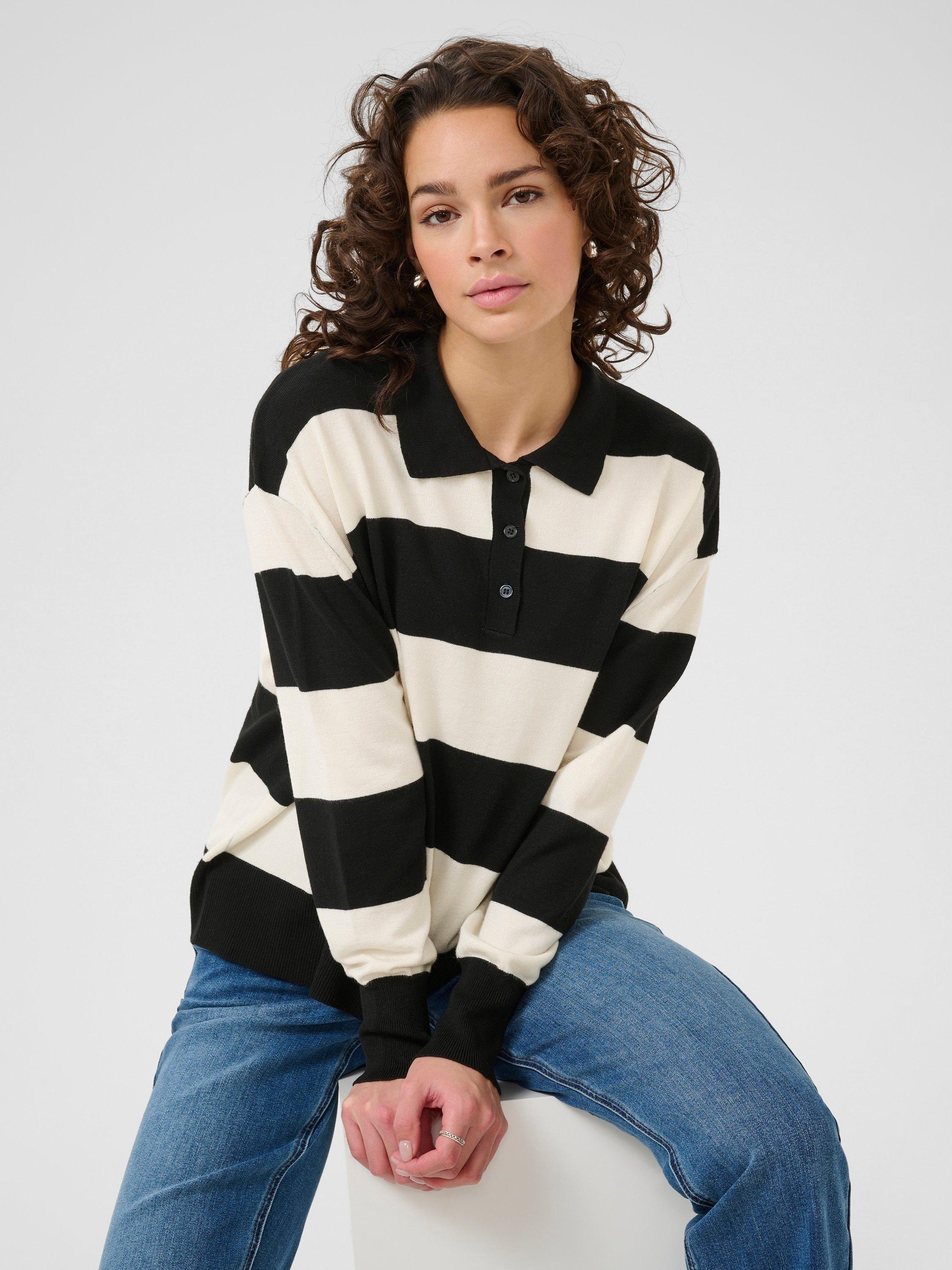 Product image 4 of 6, which shows KAFFE KAlizza Long Sleeve Stripe Polo Shirt, Black/Multi, XS