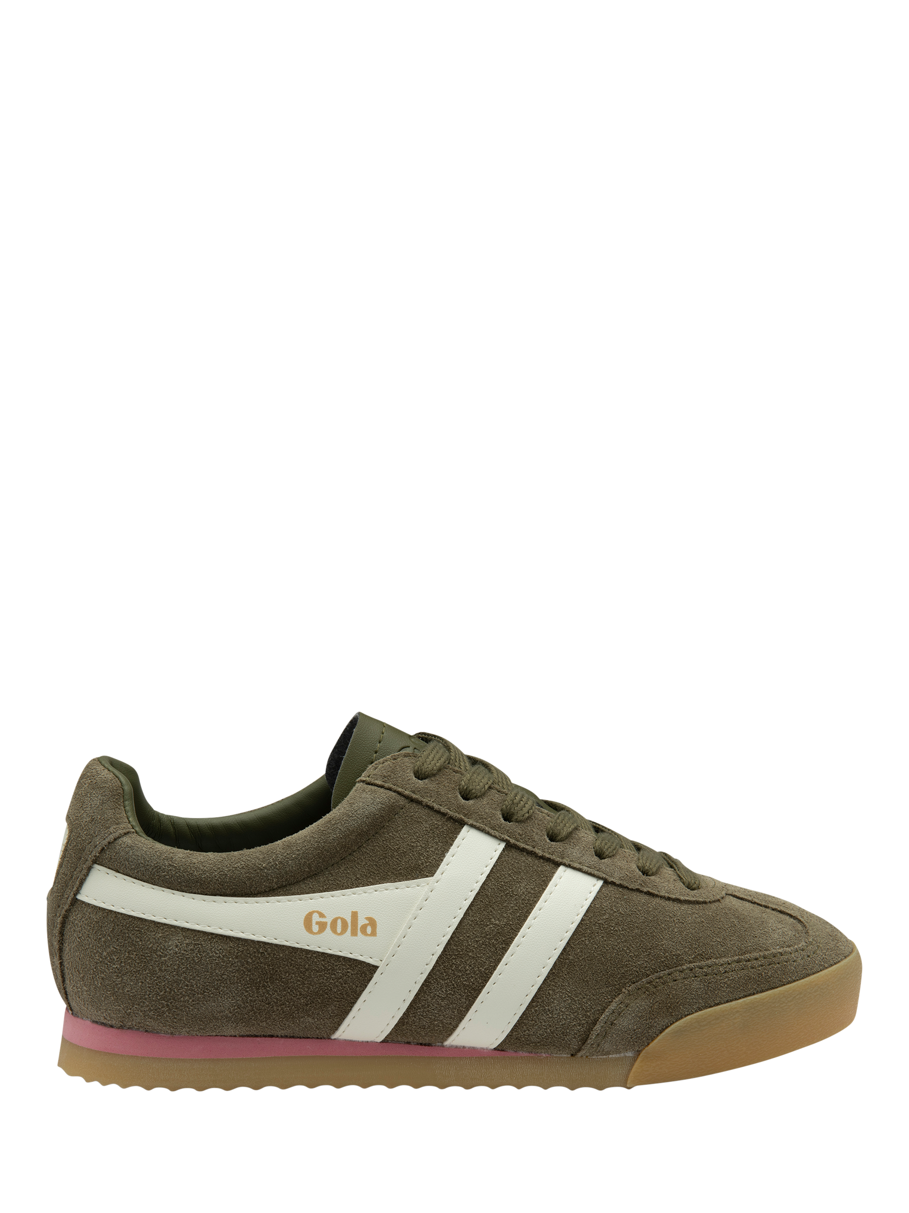 Product image 1 of 5, which shows Gola Classics Apollo Suede Trainers, Khaki/Coral Pink, 4