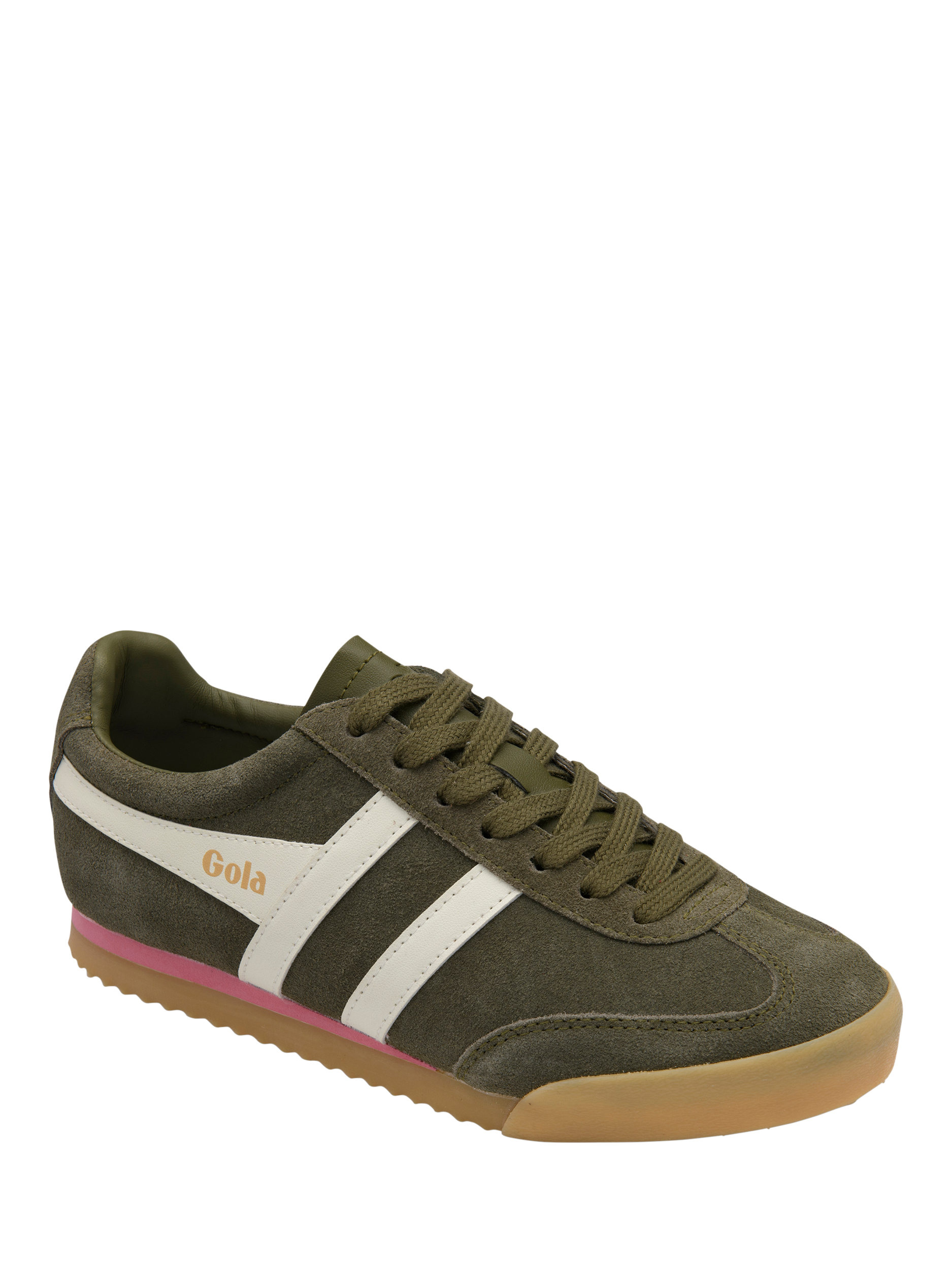 Product image 2 of 5, which shows Gola Classics Apollo Suede Trainers, Khaki/Coral Pink, 4
