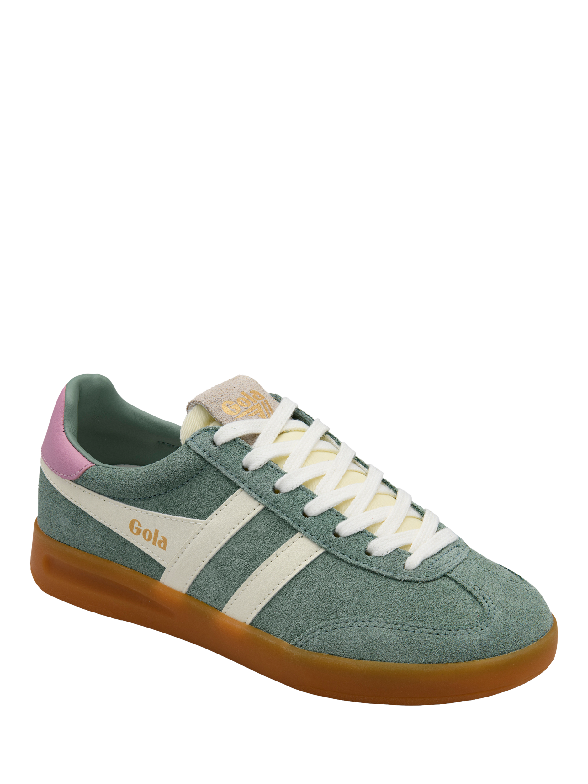 Product image 2 of 5, which shows Gola Classics Cyclone Suede Trainers, Green/White/Candy, 4