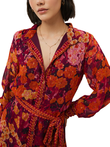 Raishma Olive Floral Shirt Mini Dress, Burgundy/Multi - view 2, Burgundy/Multi