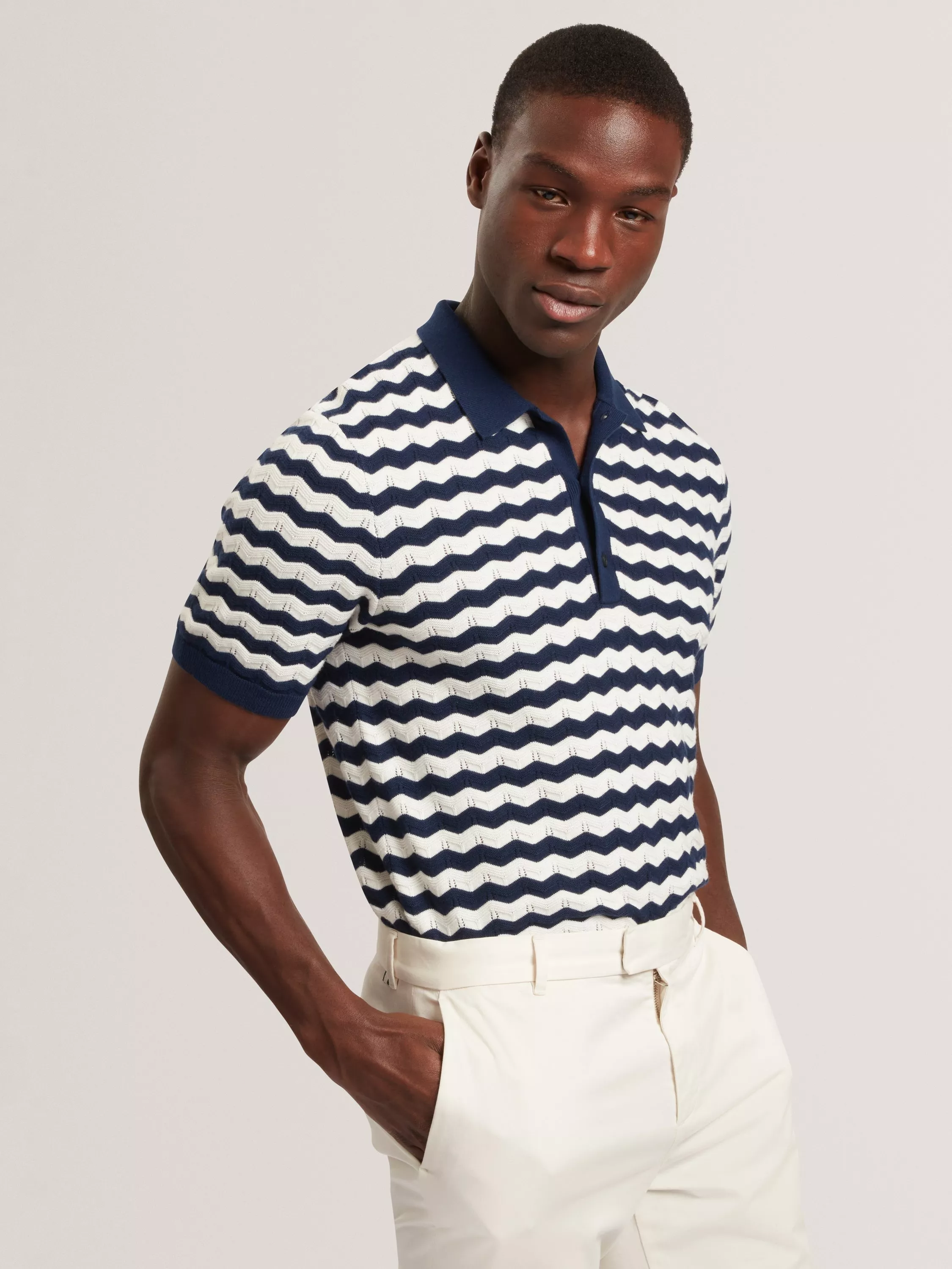 Ted Baker Wavy Stitched Short Sleeve Polo Shirt, Navy