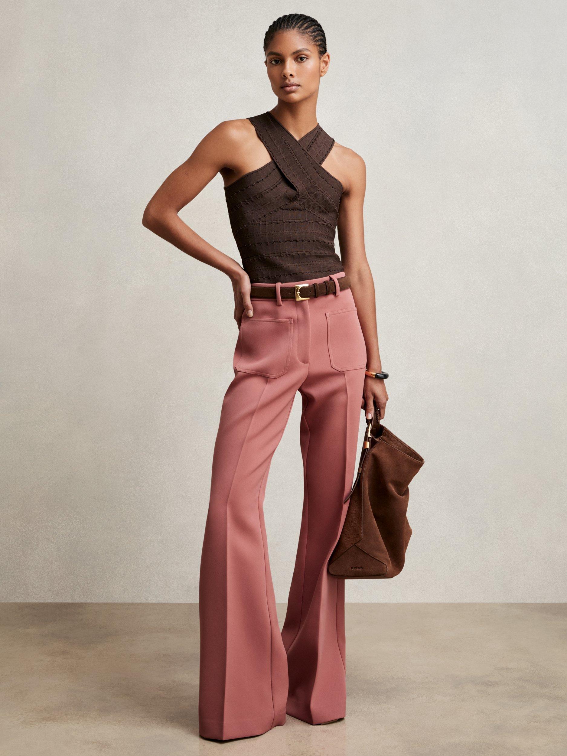 Product image 2 of 5, which shows Reiss Petite Priya Flared Trousers, Pink, 14Pt