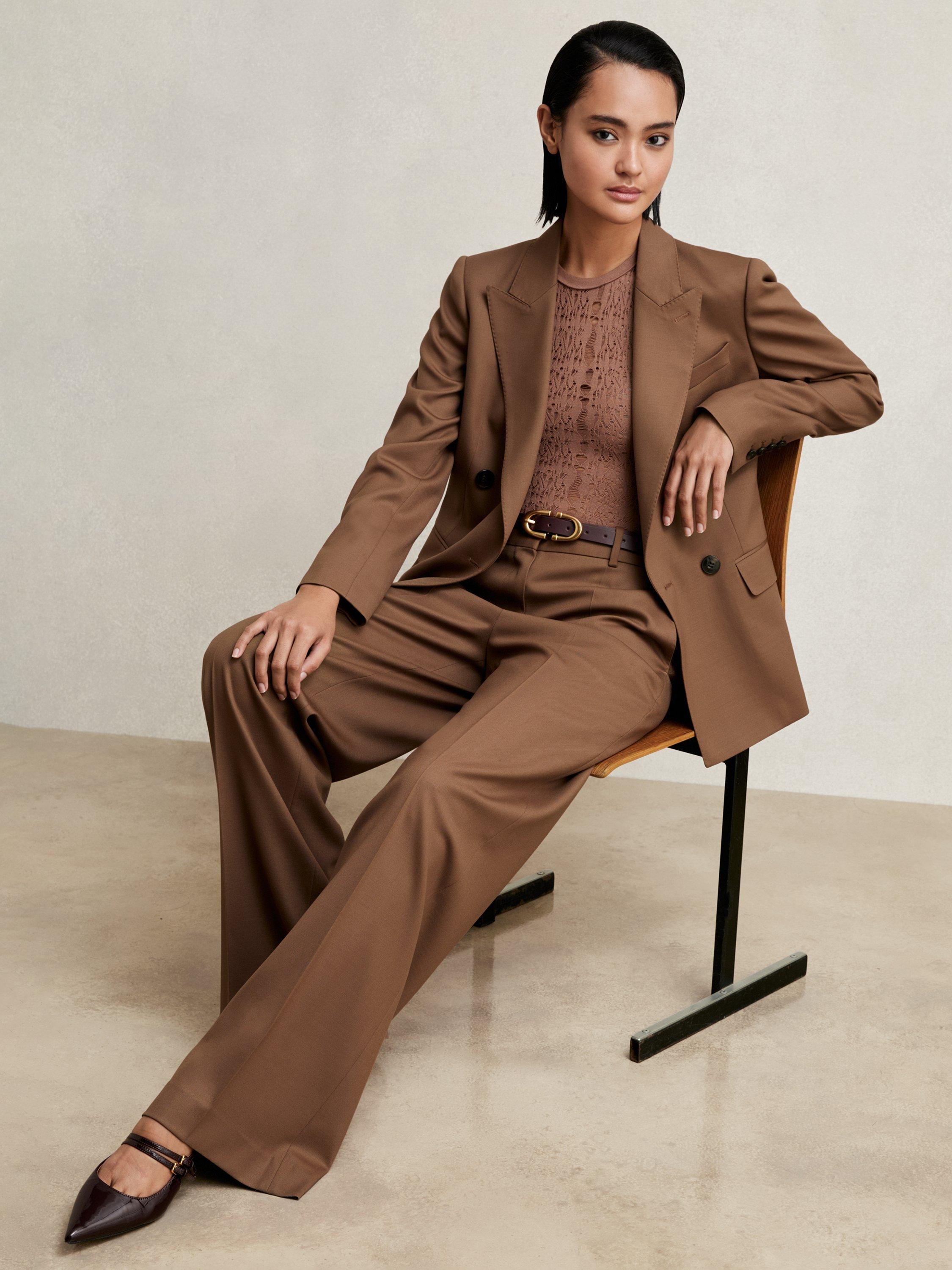 Product image 1 of 5, which shows Reiss Petite Solene Wide Leg Trousers, Tan, 10Pt