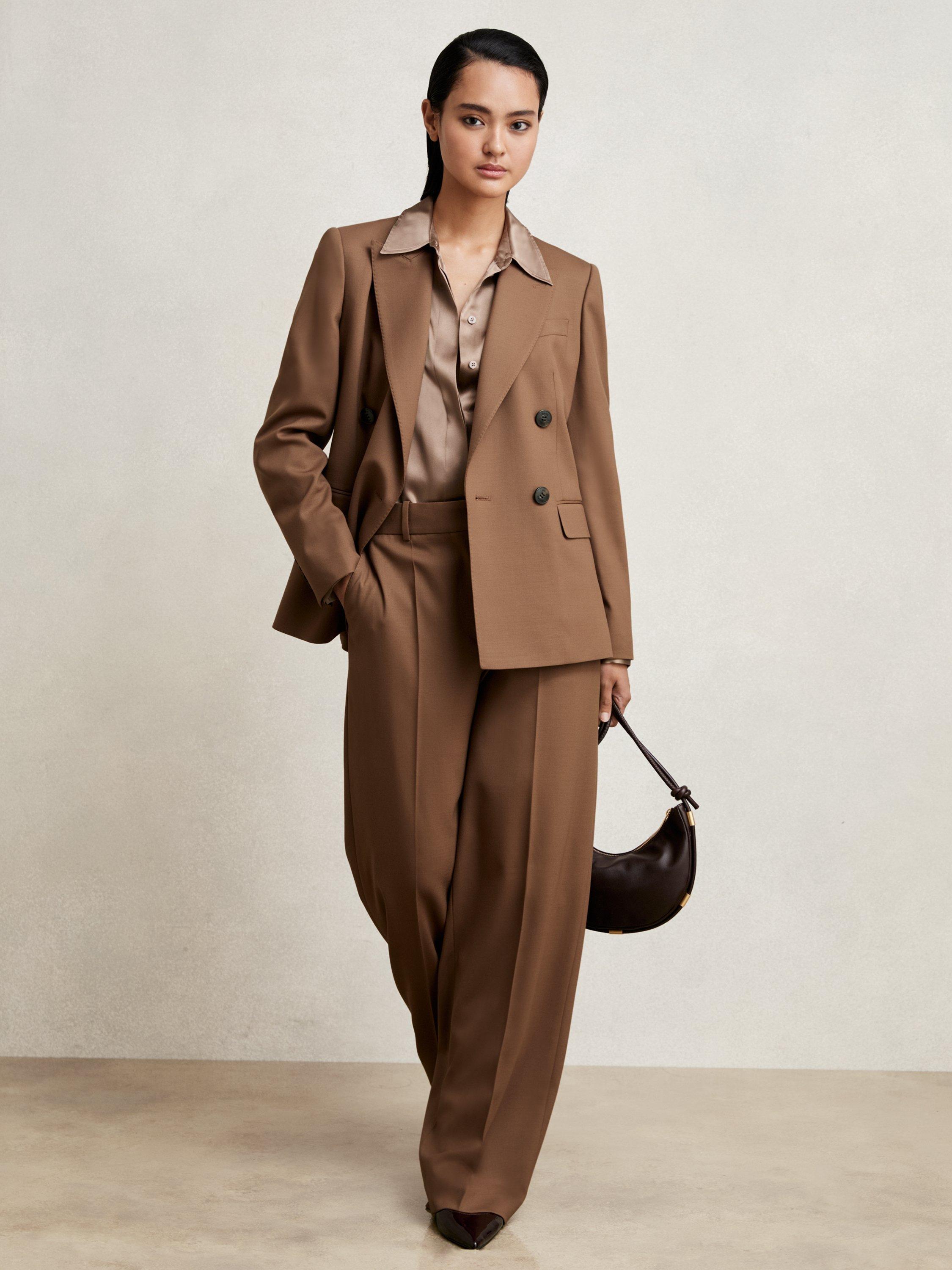 Product image 5 of 5, which shows Reiss Petite Solene Wide Leg Trousers, Tan, 10Pt