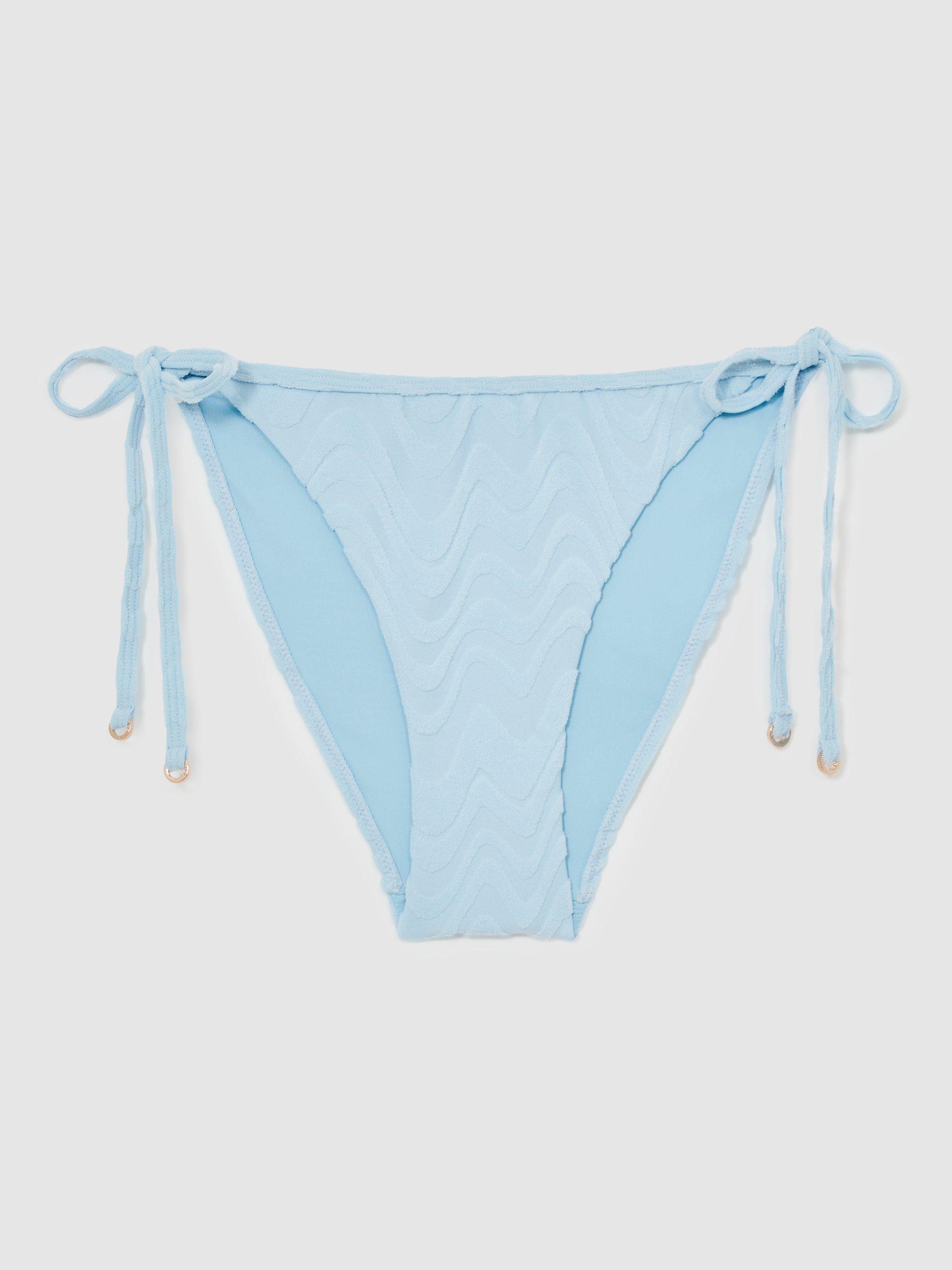 Product image 3 of 4, which shows Reiss Wynee Textured Tie Side Bikini Bottoms, Blue, 14