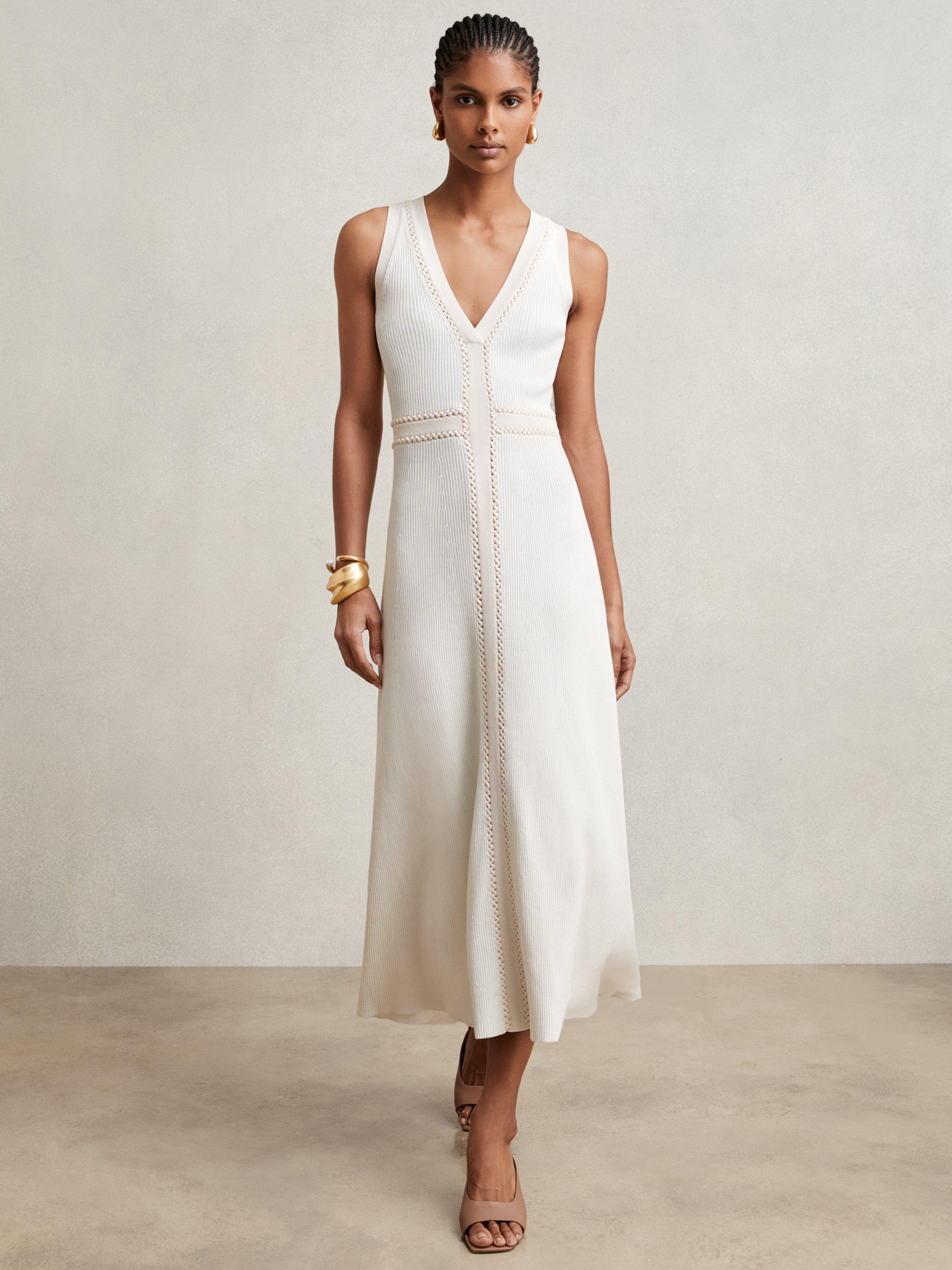 Product image 1 of 5, which shows Reiss Lou Knitted Midi Dress, Ivory, XS