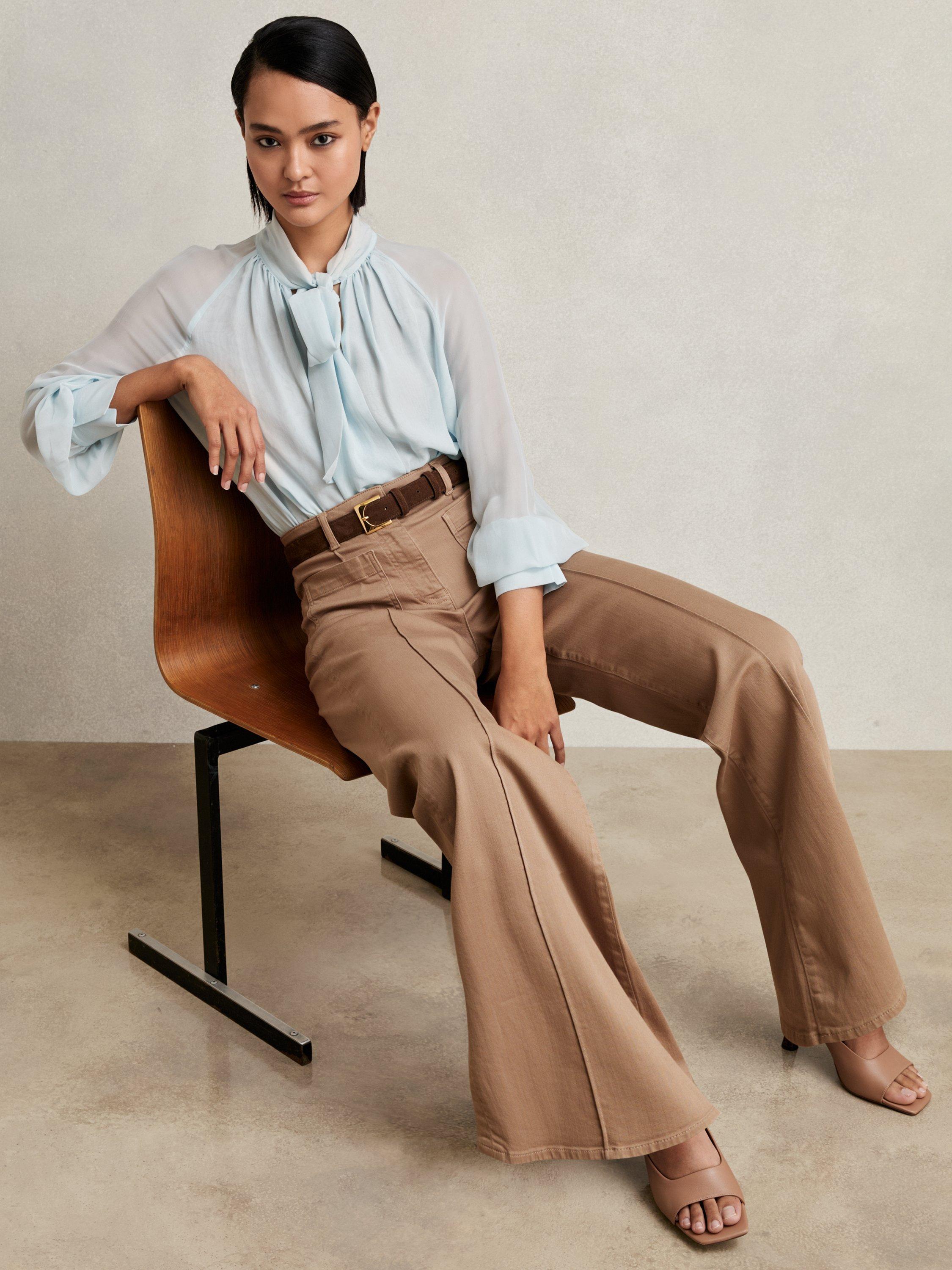 Product image 3 of 6, which shows Reiss Petite Sakura Patch Pocket Flared Jeans, Taupe Neutral, 25Pt