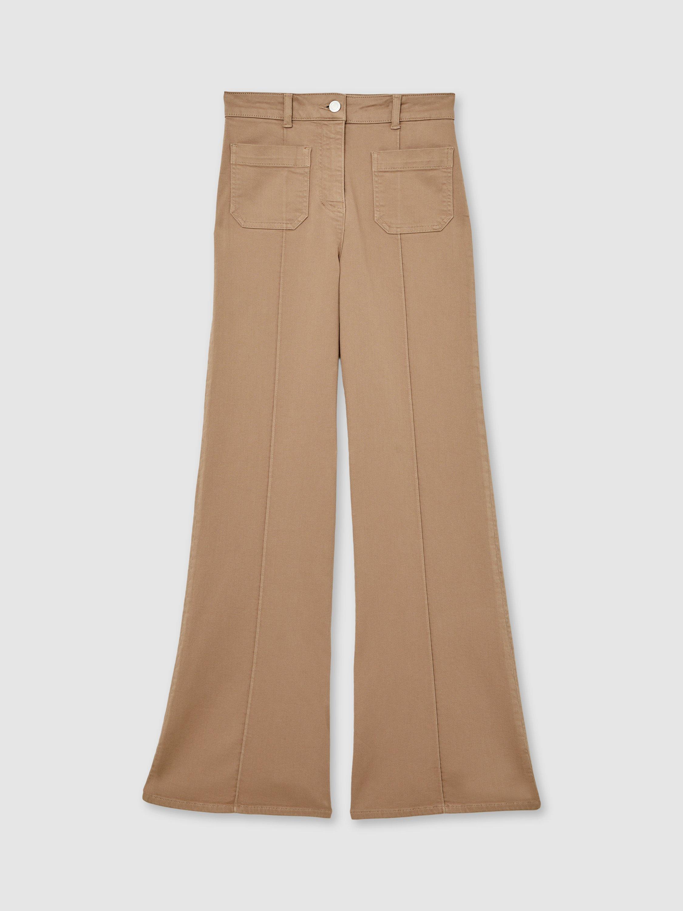 Product image 5 of 6, which shows Reiss Petite Sakura Patch Pocket Flared Jeans, Taupe Neutral, 25Pt