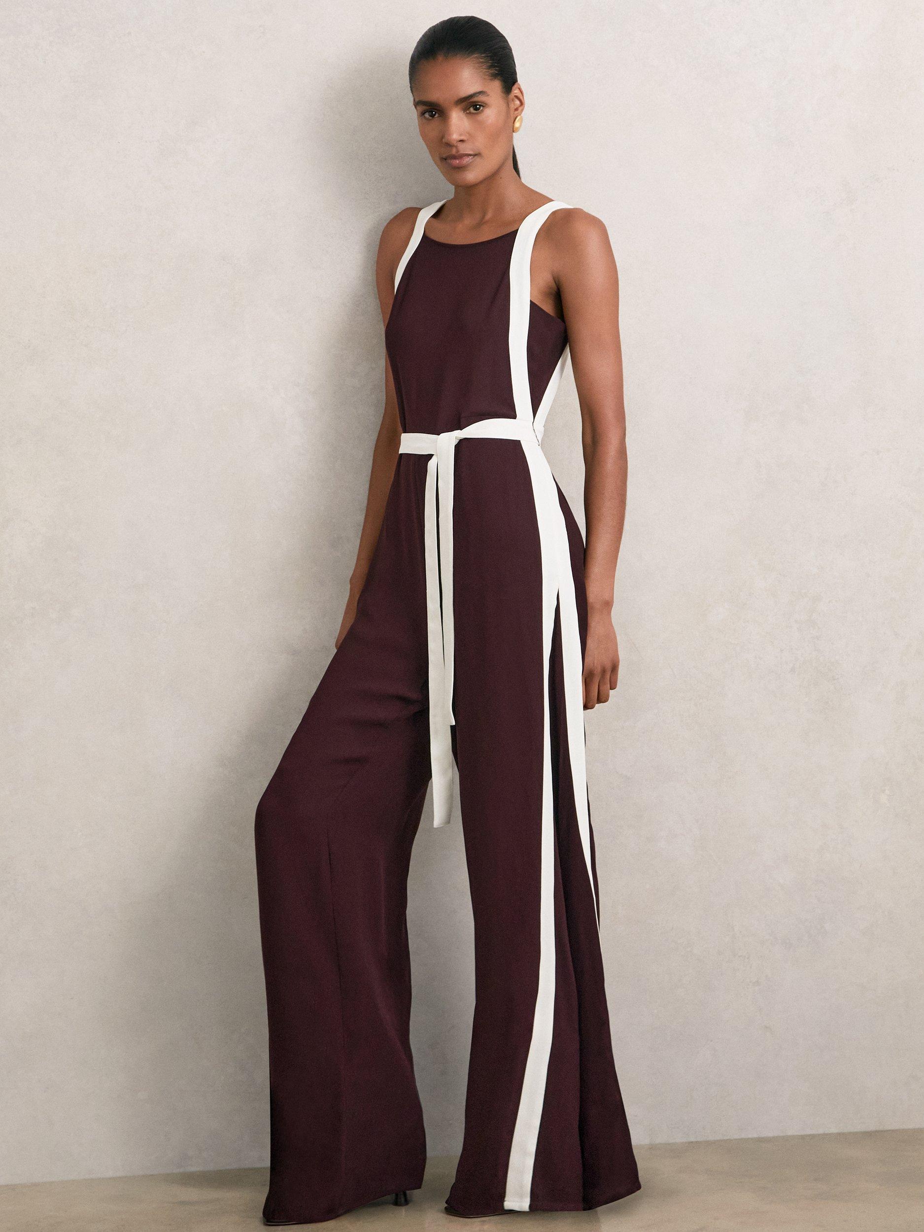 Product image 1 of 5, which shows Reiss Salma Colour Block Jumpsuit, Burgundy/Cream, 6