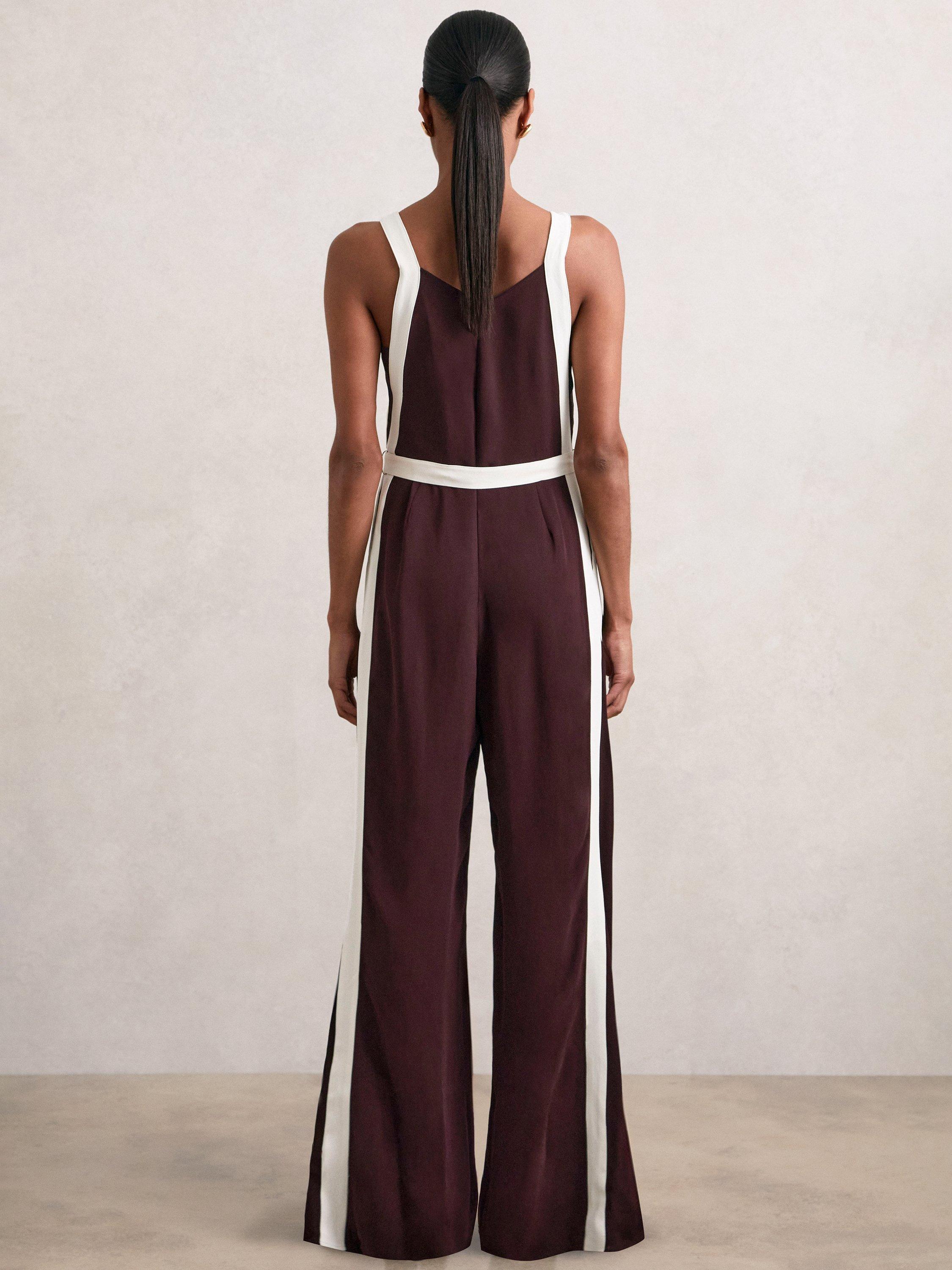 Product image 2 of 5, which shows Reiss Salma Colour Block Jumpsuit, Burgundy/Cream, 6