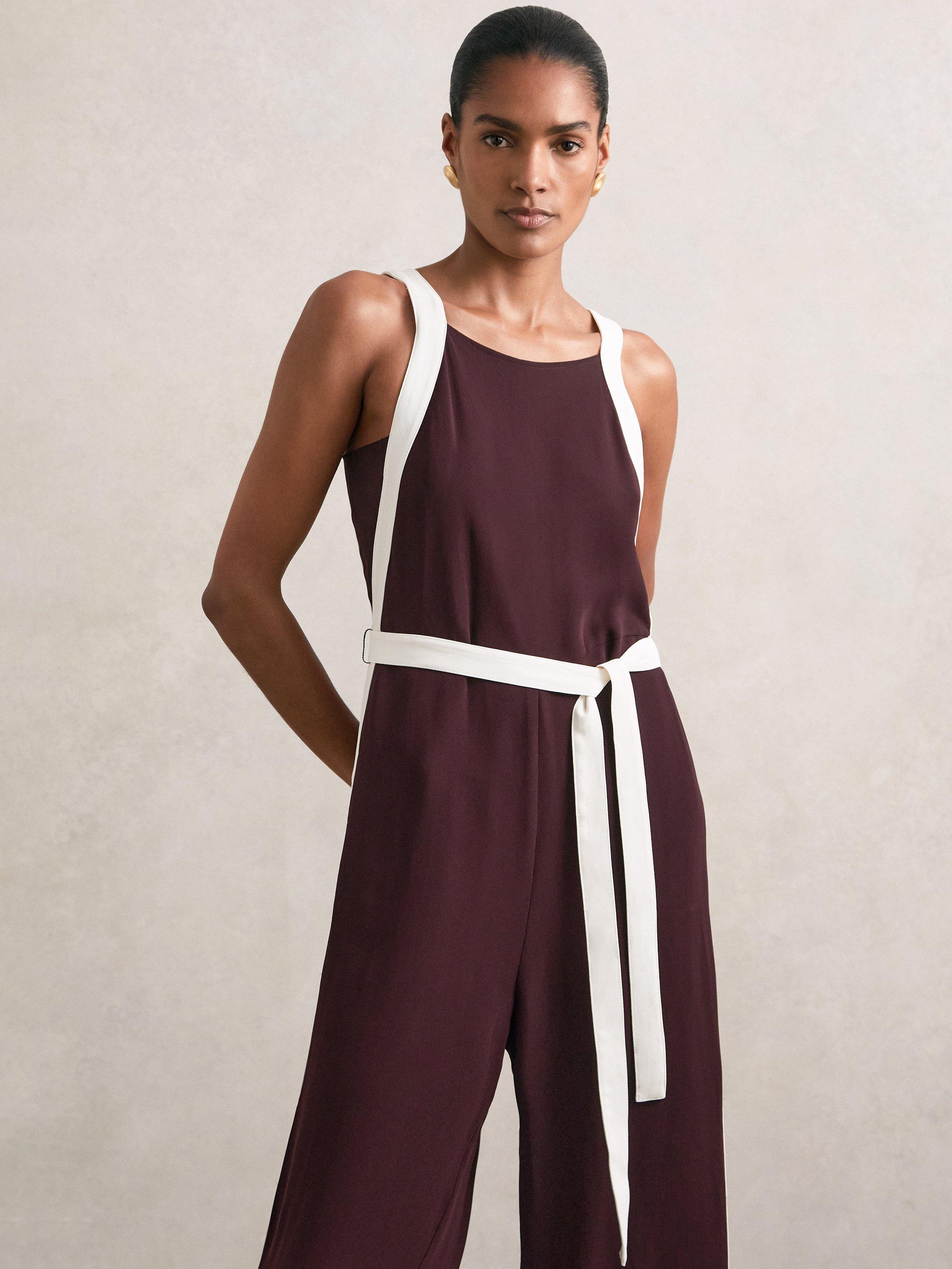 Product image 4 of 5, which shows Reiss Salma Colour Block Jumpsuit, Burgundy/Cream, 6