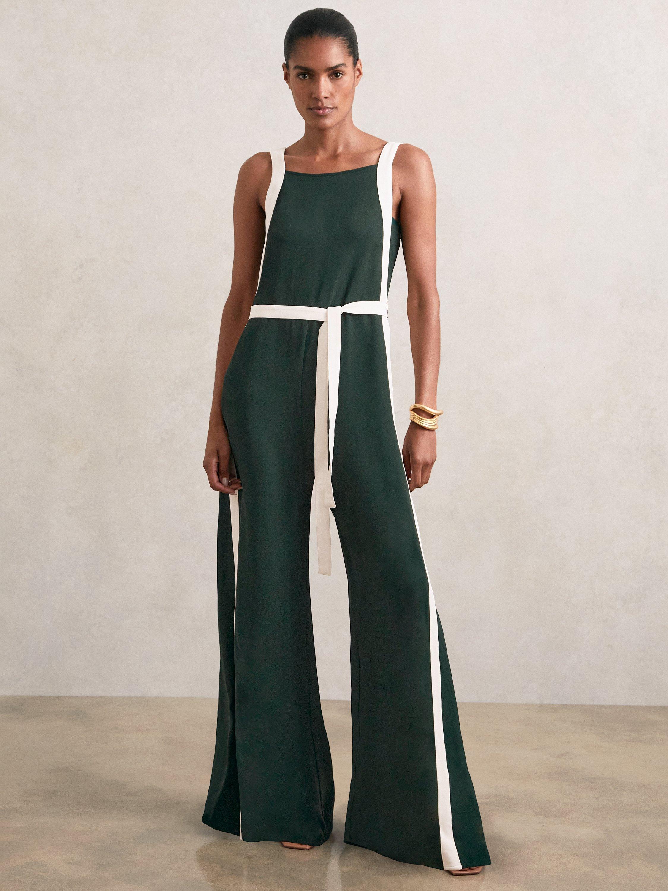 Product image 1 of 5, which shows Reiss Salma Colour Block Jumpsuit, Dark Green/Cream, 6