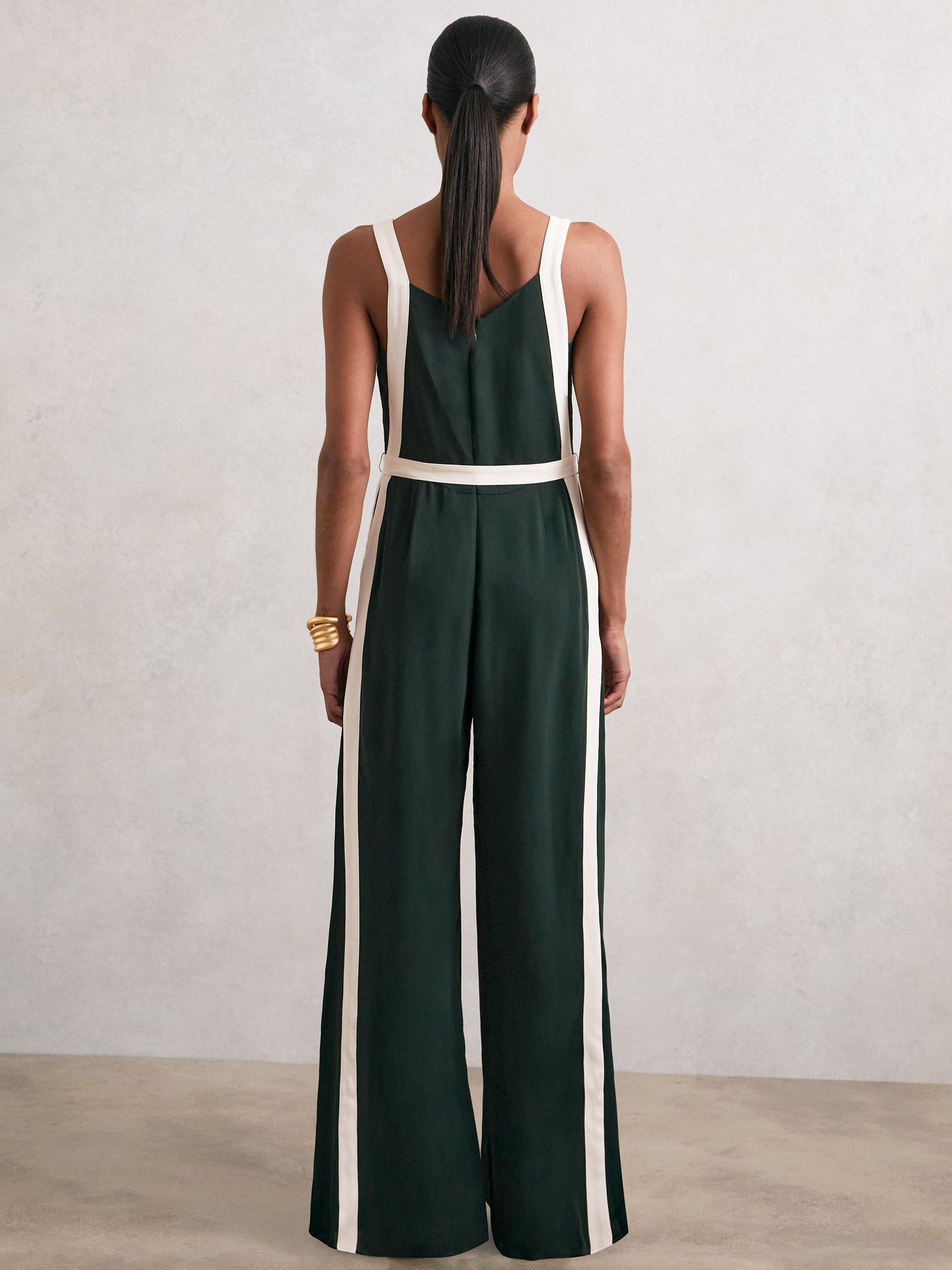 Product image 2 of 5, which shows Reiss Salma Colour Block Jumpsuit, Dark Green/Cream, 6