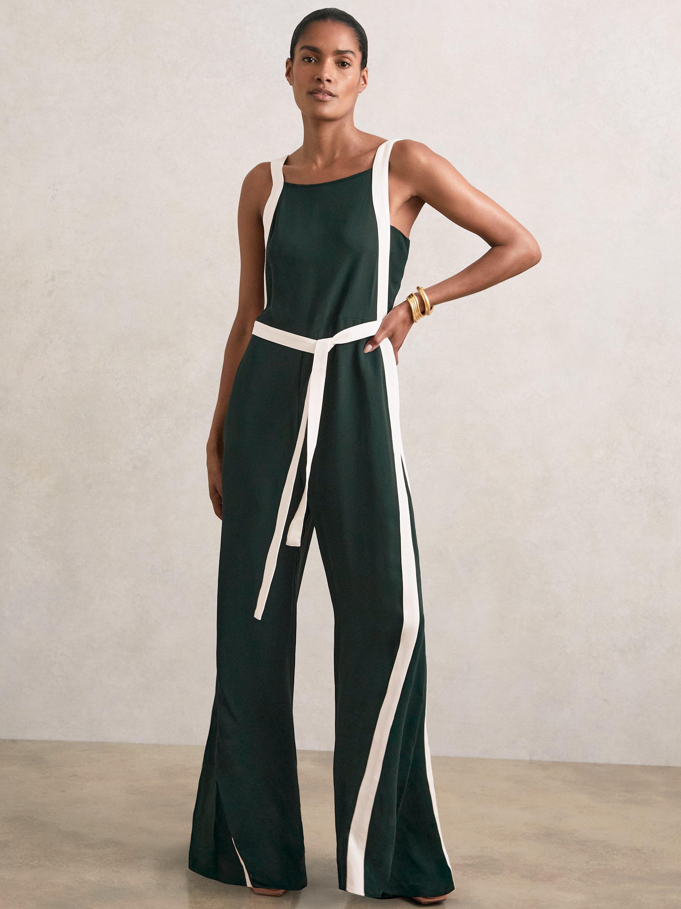 Product image 5 of 5, which shows Reiss Salma Colour Block Jumpsuit, Dark Green/Cream, 6