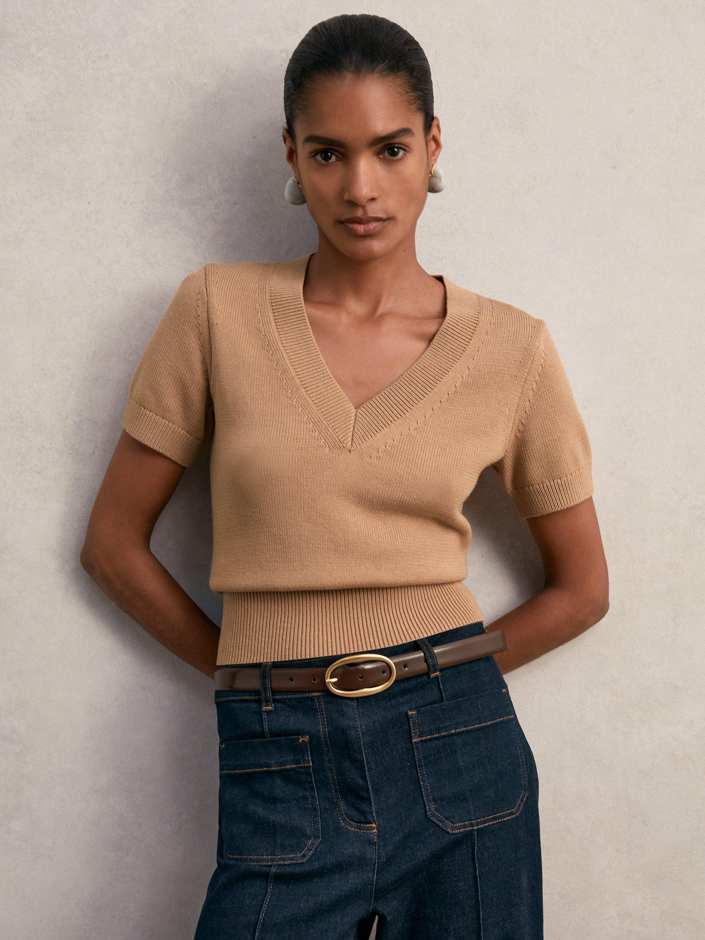 Product image 1 of 5, which shows Reiss Valerie V-Neck Knit Top, Camel, S