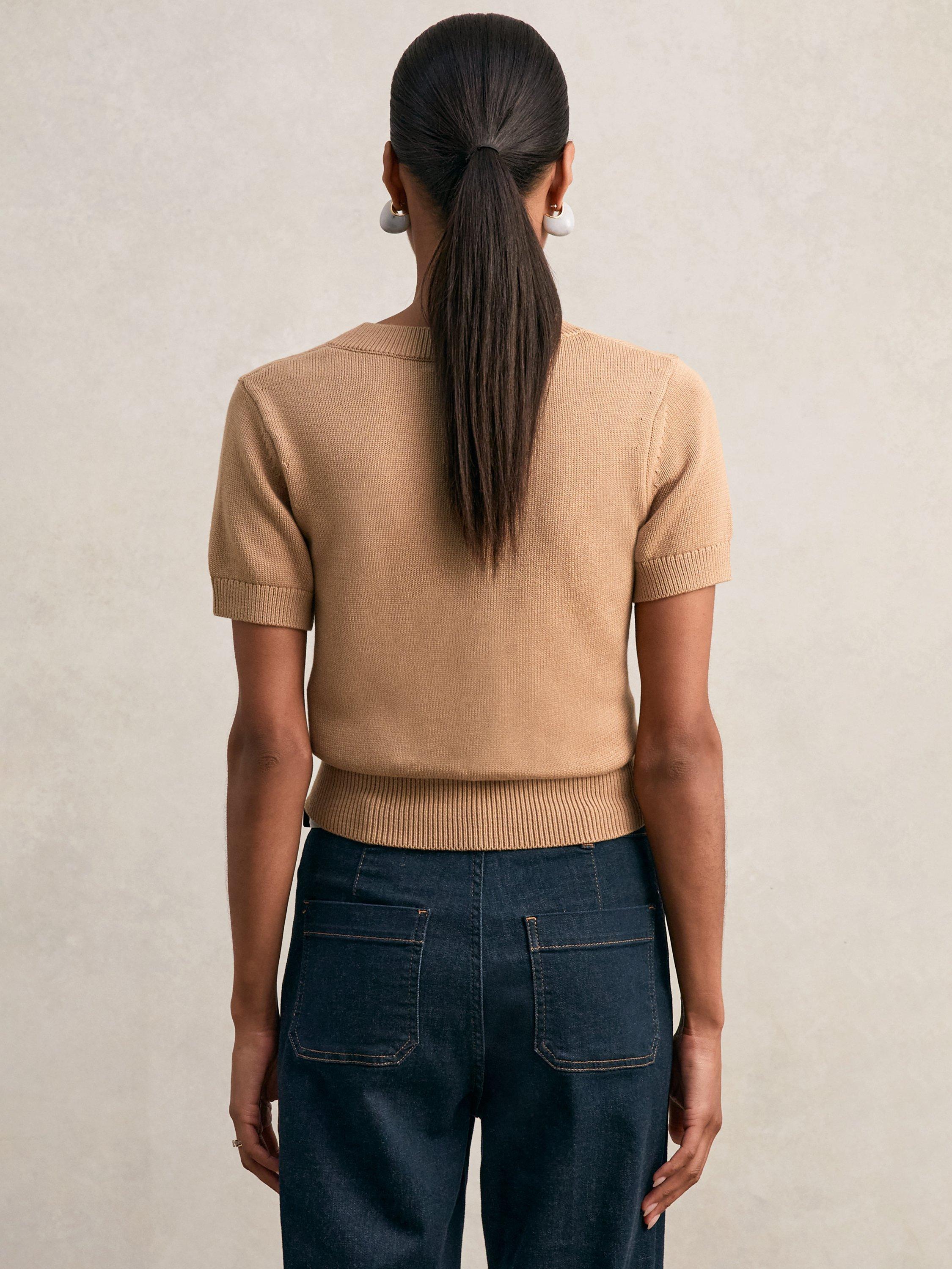 Product image 2 of 5, which shows Reiss Valerie V-Neck Knit Top, Camel, S
