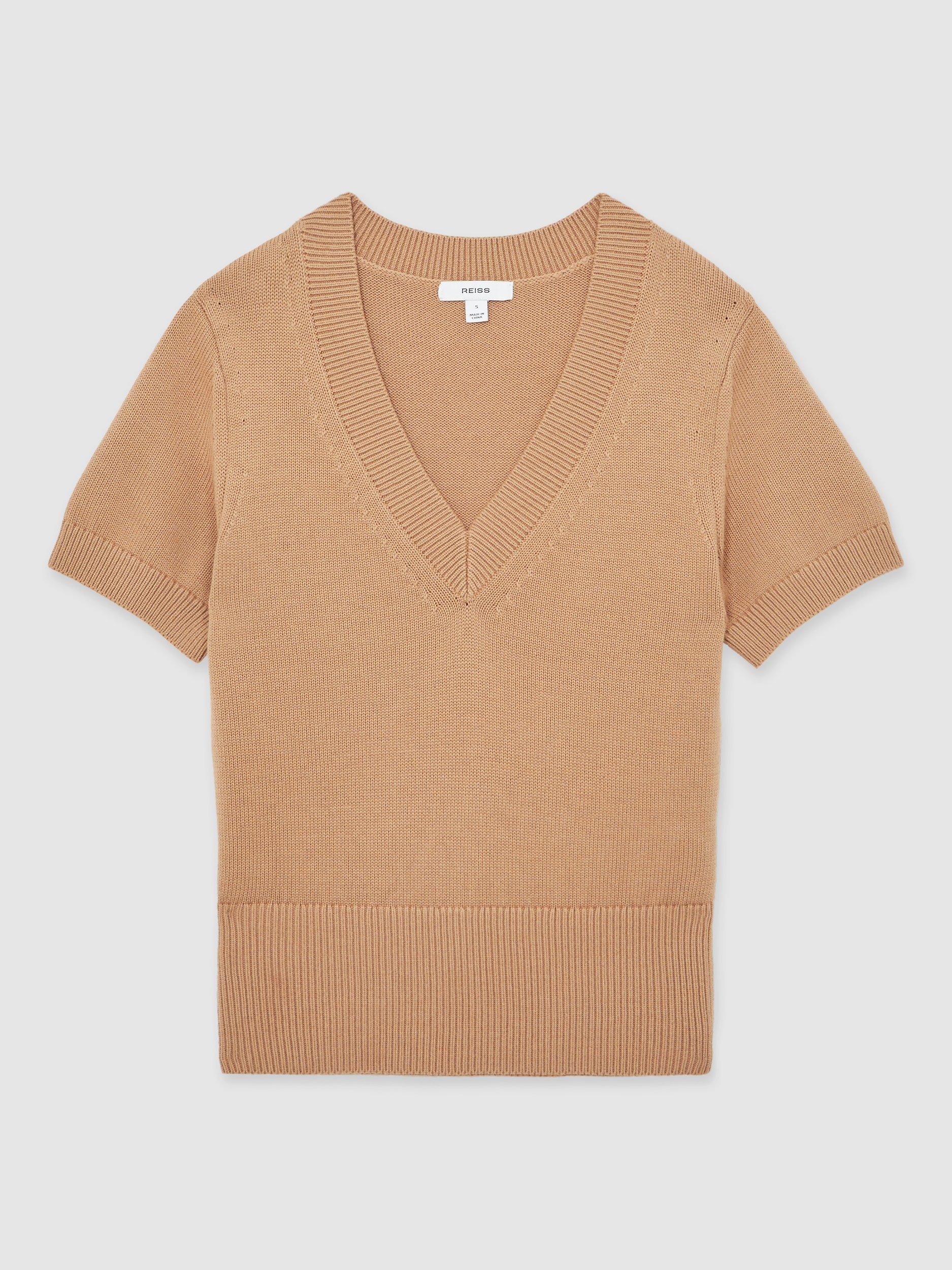 Product image 3 of 5, which shows Reiss Valerie V-Neck Knit Top, Camel, S