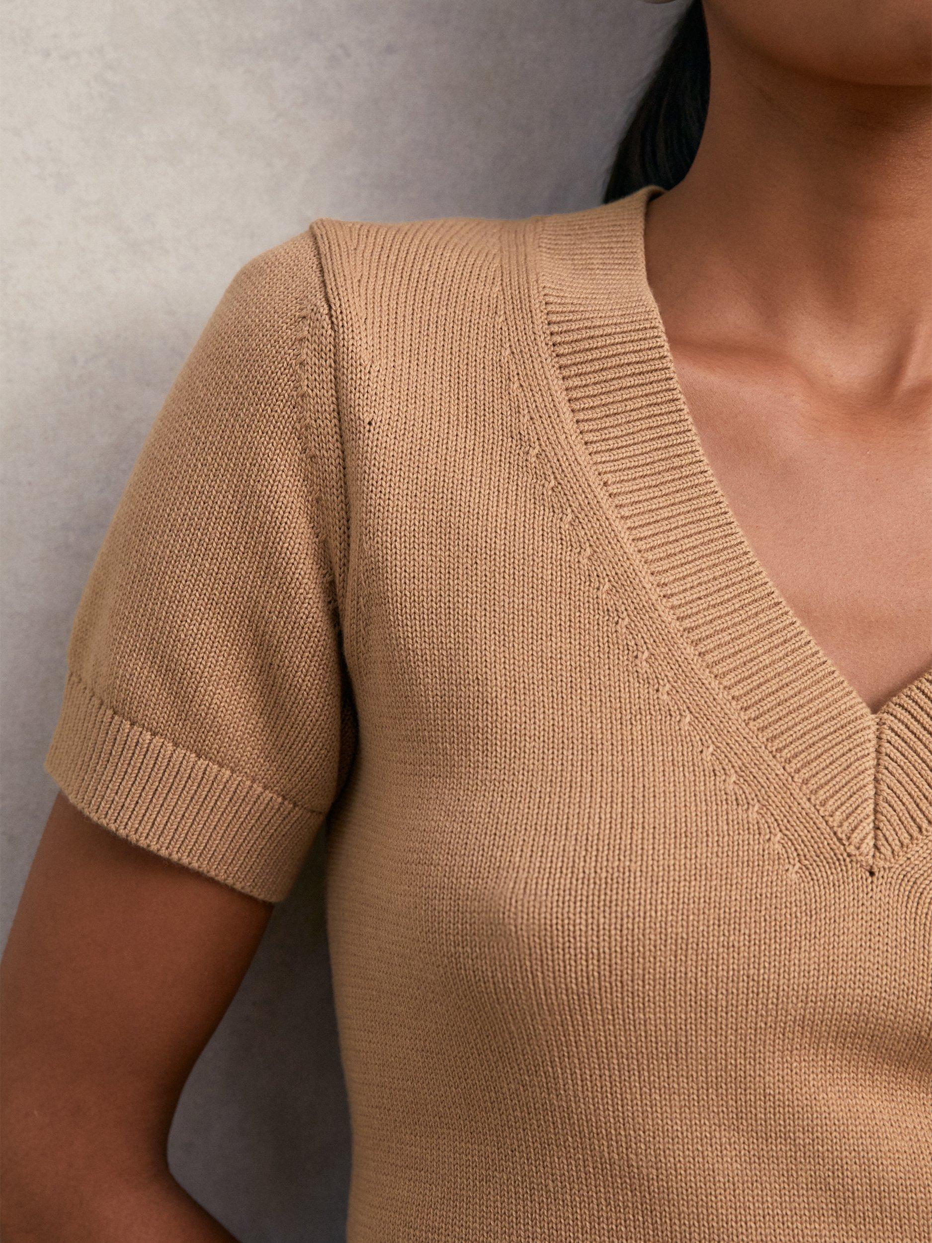 Product image 5 of 5, which shows Reiss Valerie V-Neck Knit Top, Camel, S