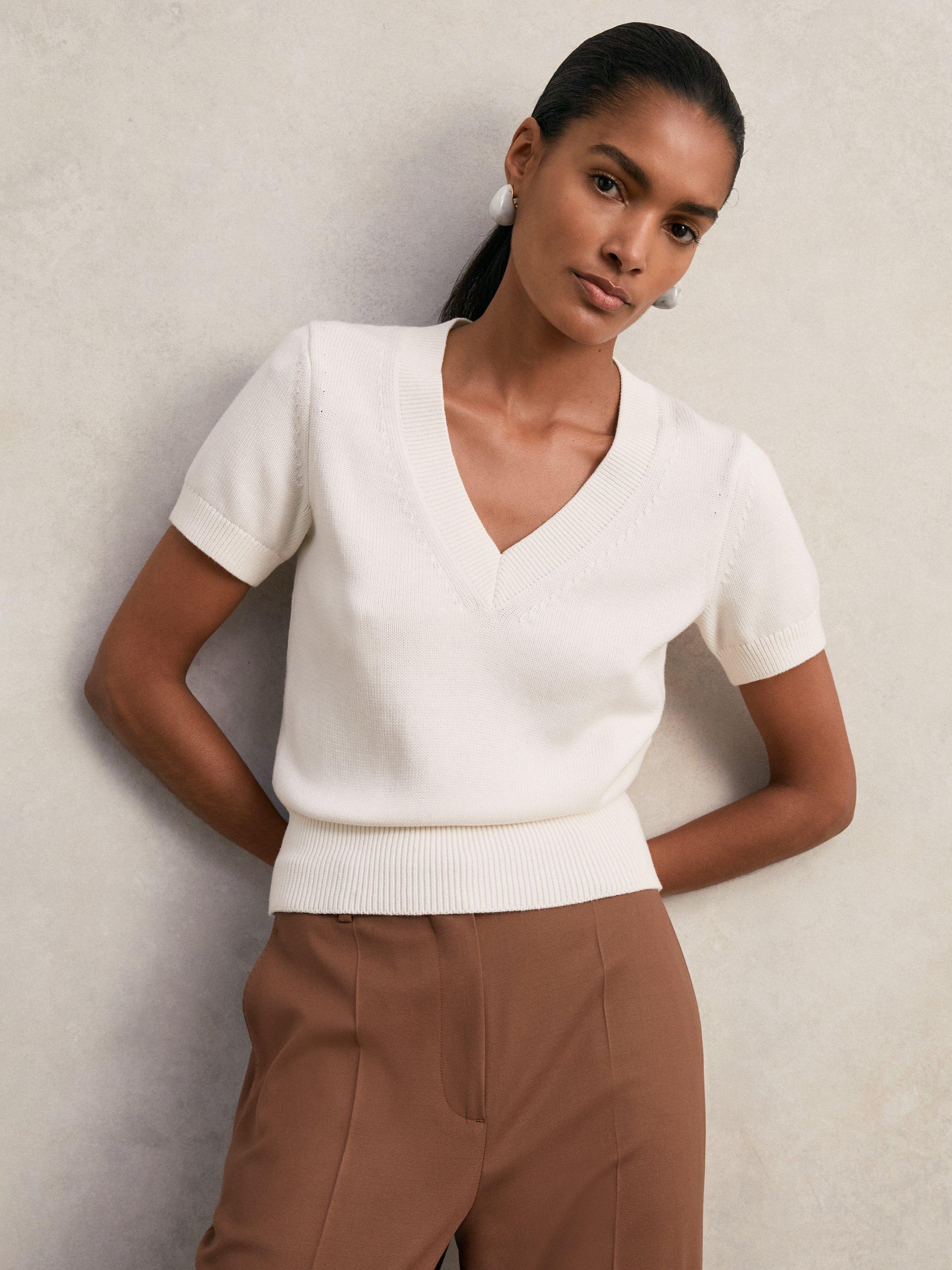 Product image 1 of 5, which shows Reiss Valerie V-Neck Knit Top, Ivory, XS