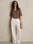 Reiss Ember Relaxed V-Neck Pure Linen T-Shirt, Brown