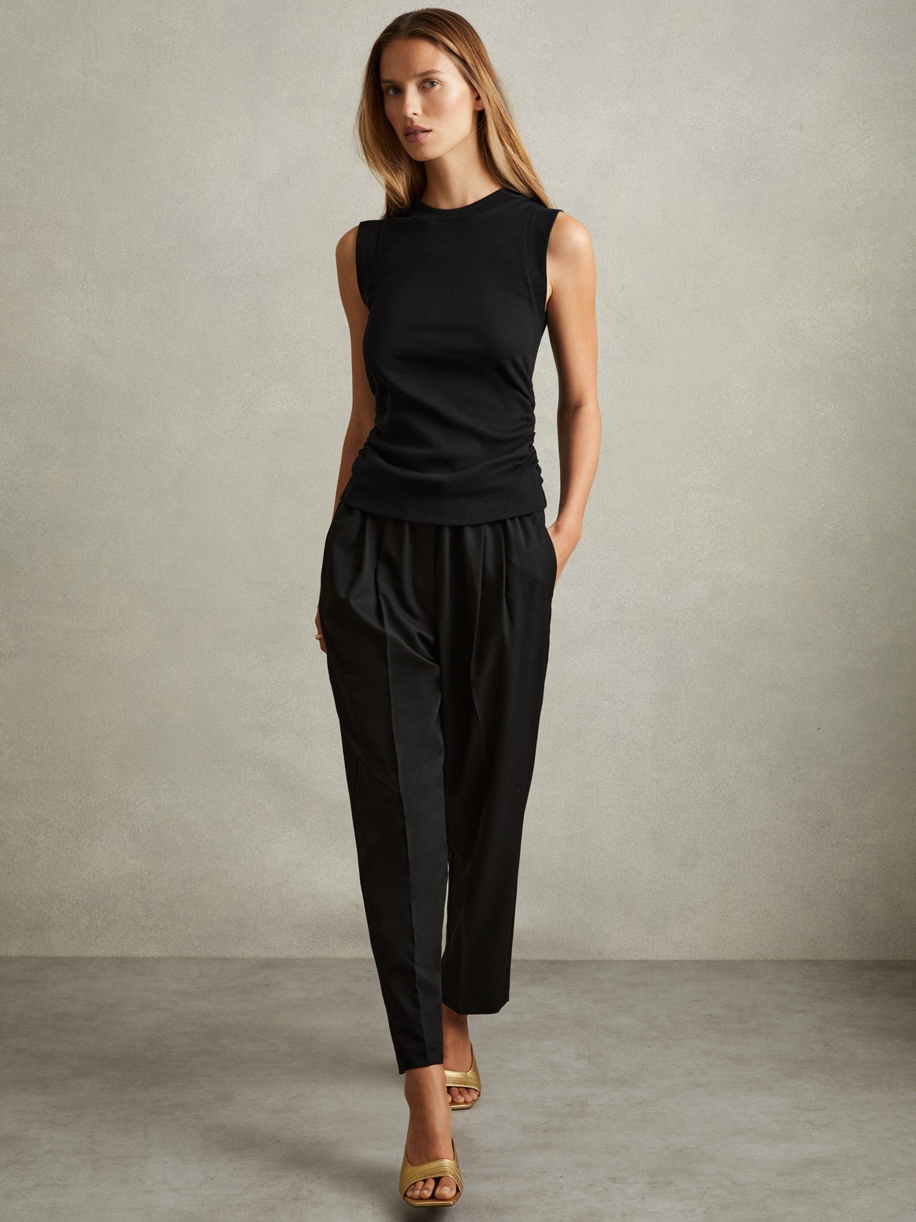 Product image 1 of 5, which shows Reiss Trudy Ruched Sleeveless Top, Black, XS