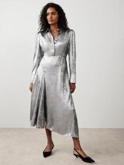 Mint Velvet Metallic Midi Shirt Dress, Silver, Silver
