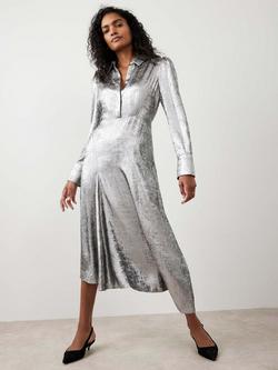 Mint Velvet Metallic Midi Shirt Dress, Silver - view 2, Silver