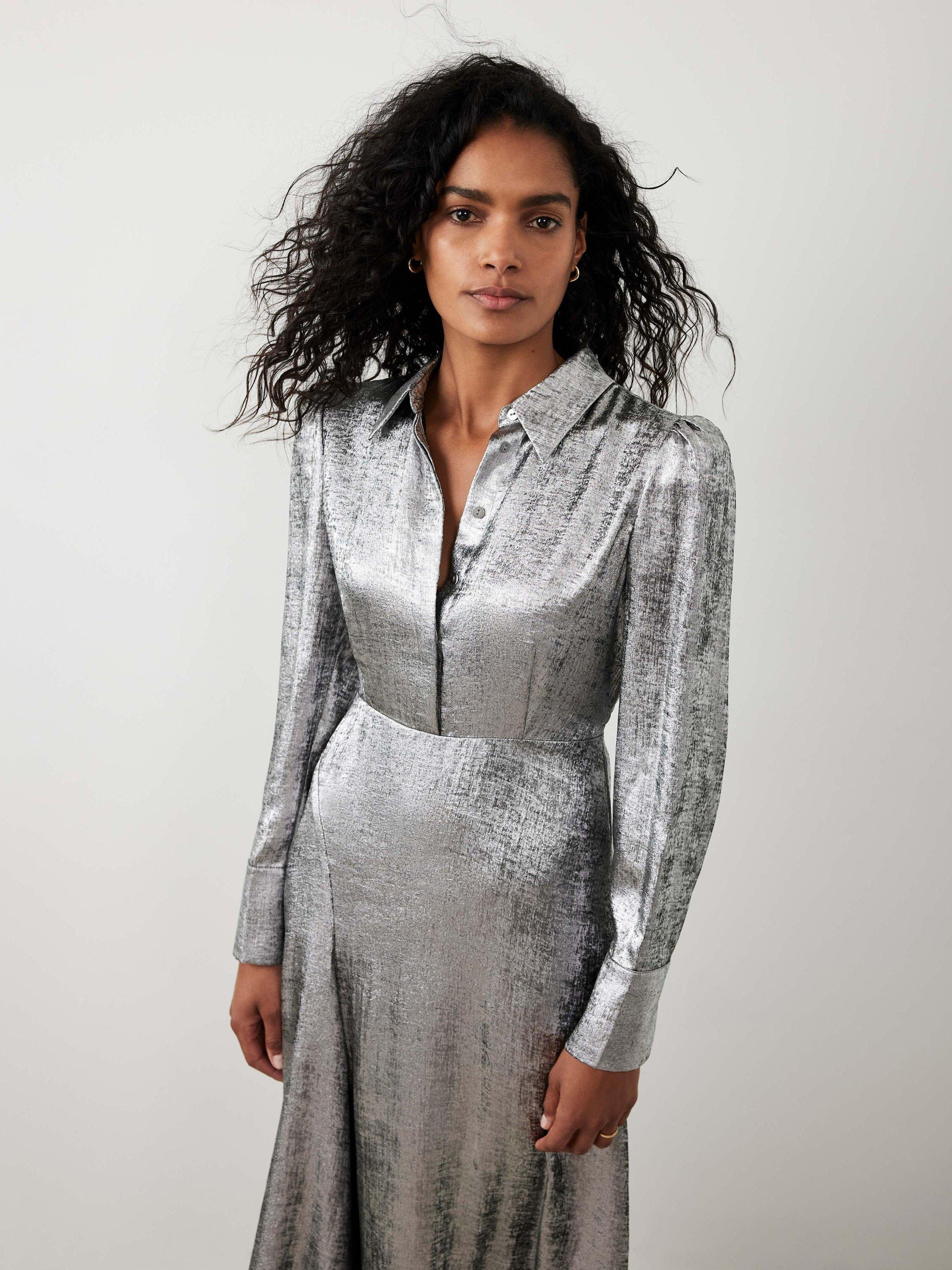 mint velvet silver metallic midi dress Mint Velvet Silver Metallic Ruffle Midi Dress | Size 14 | Silver | 3/4 Sleeve