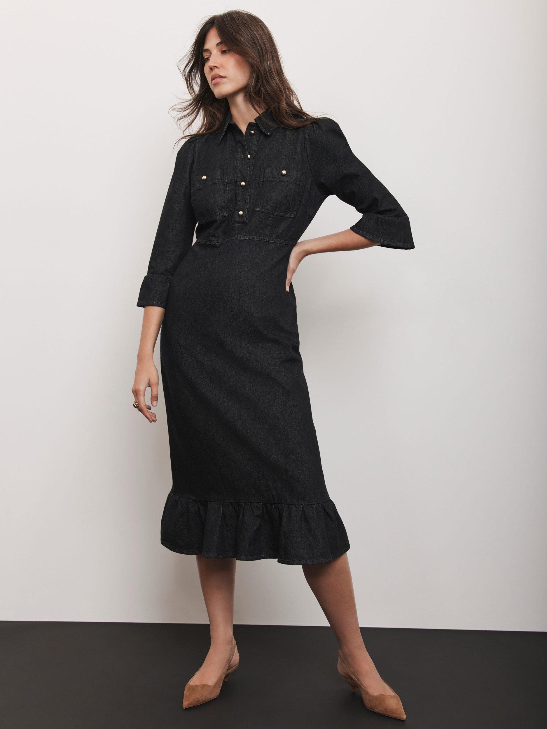 black denim dresses Black Faux Leather Knee High Block Heel Boots