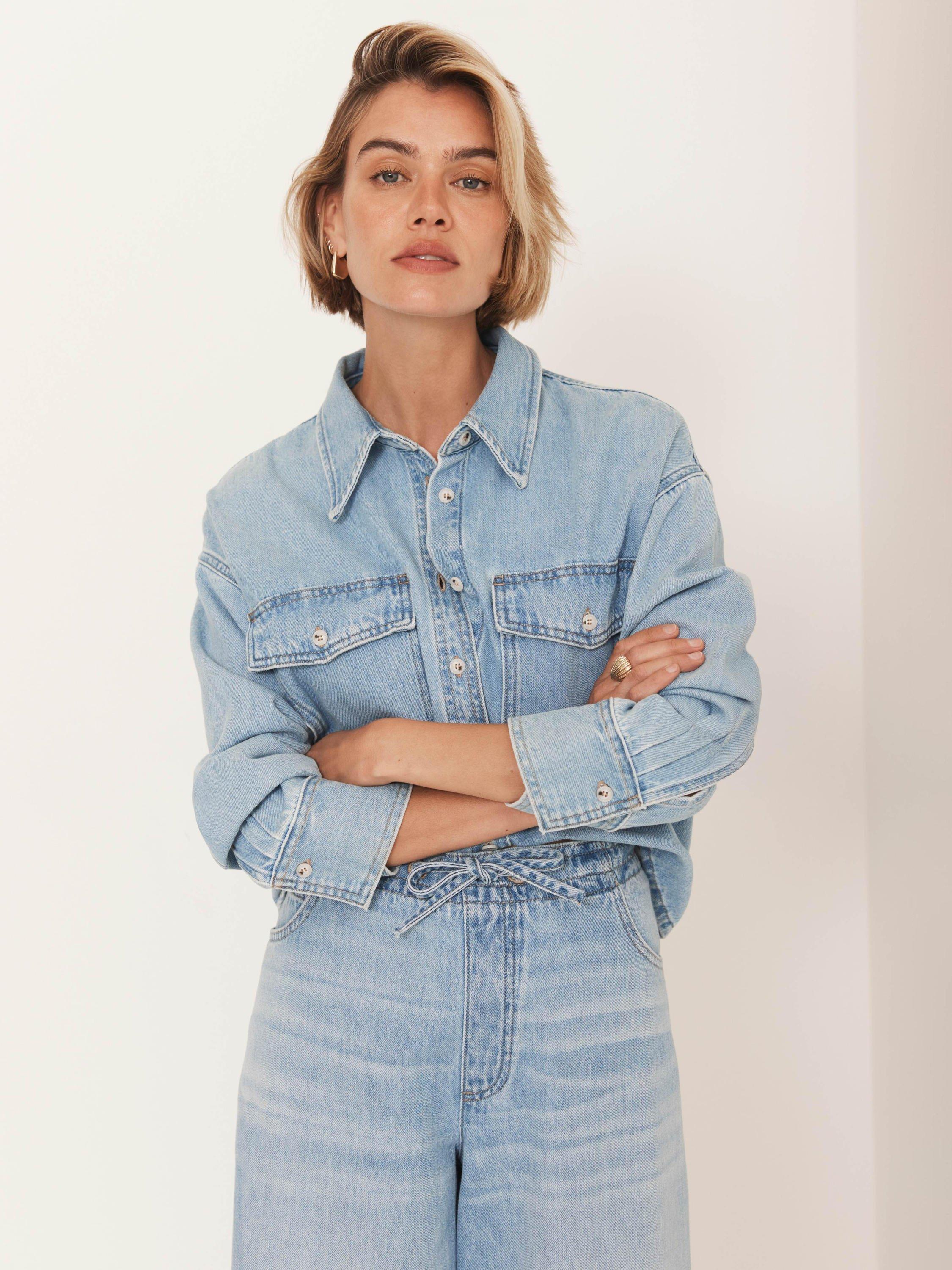 Mint Velvet Cropped Long Sleeve Denim Shirt, Light Indigo