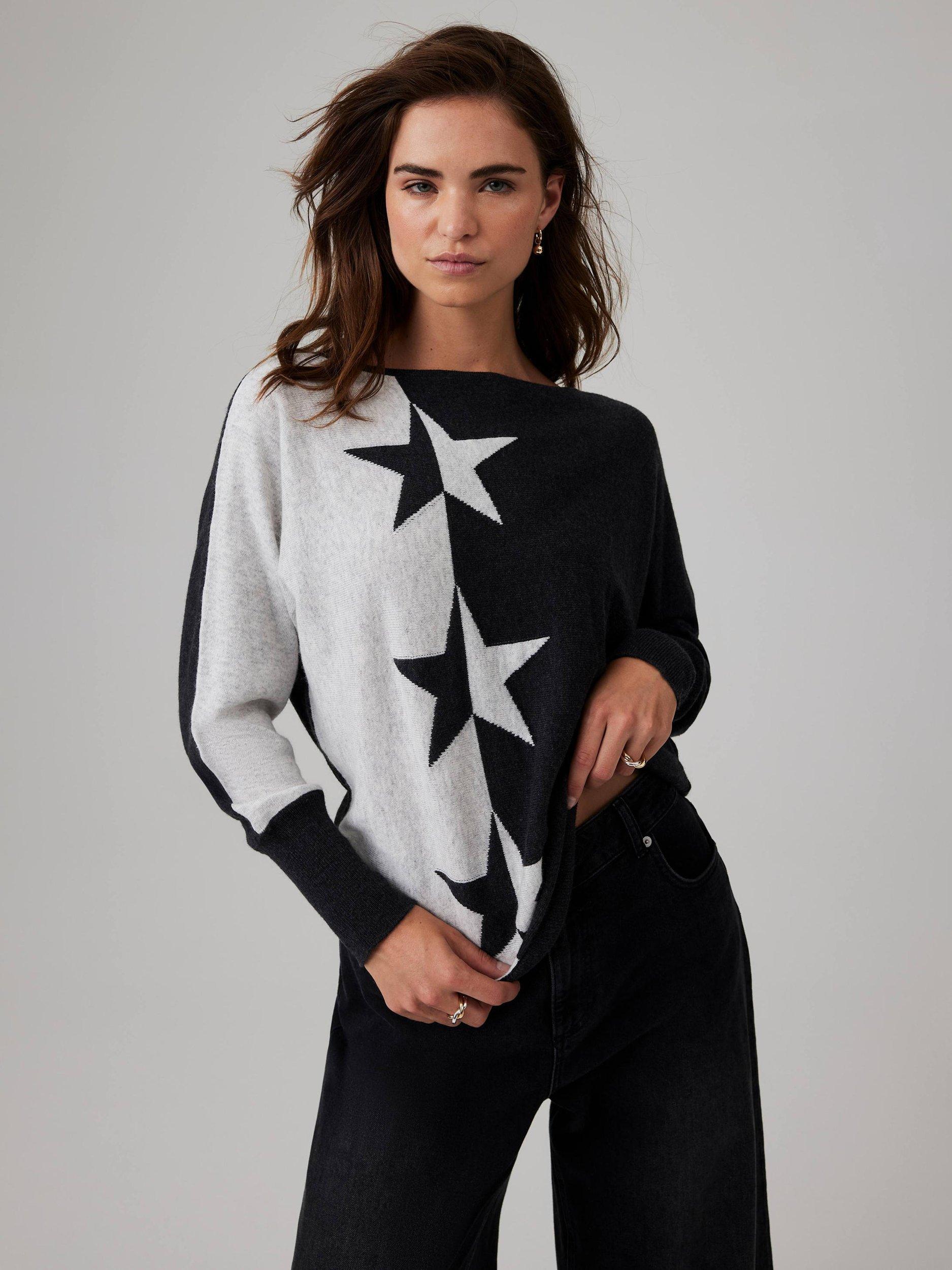Product image 1 of 8, which shows Mint Velvet Colour Block Star Jumper, Grey, L
