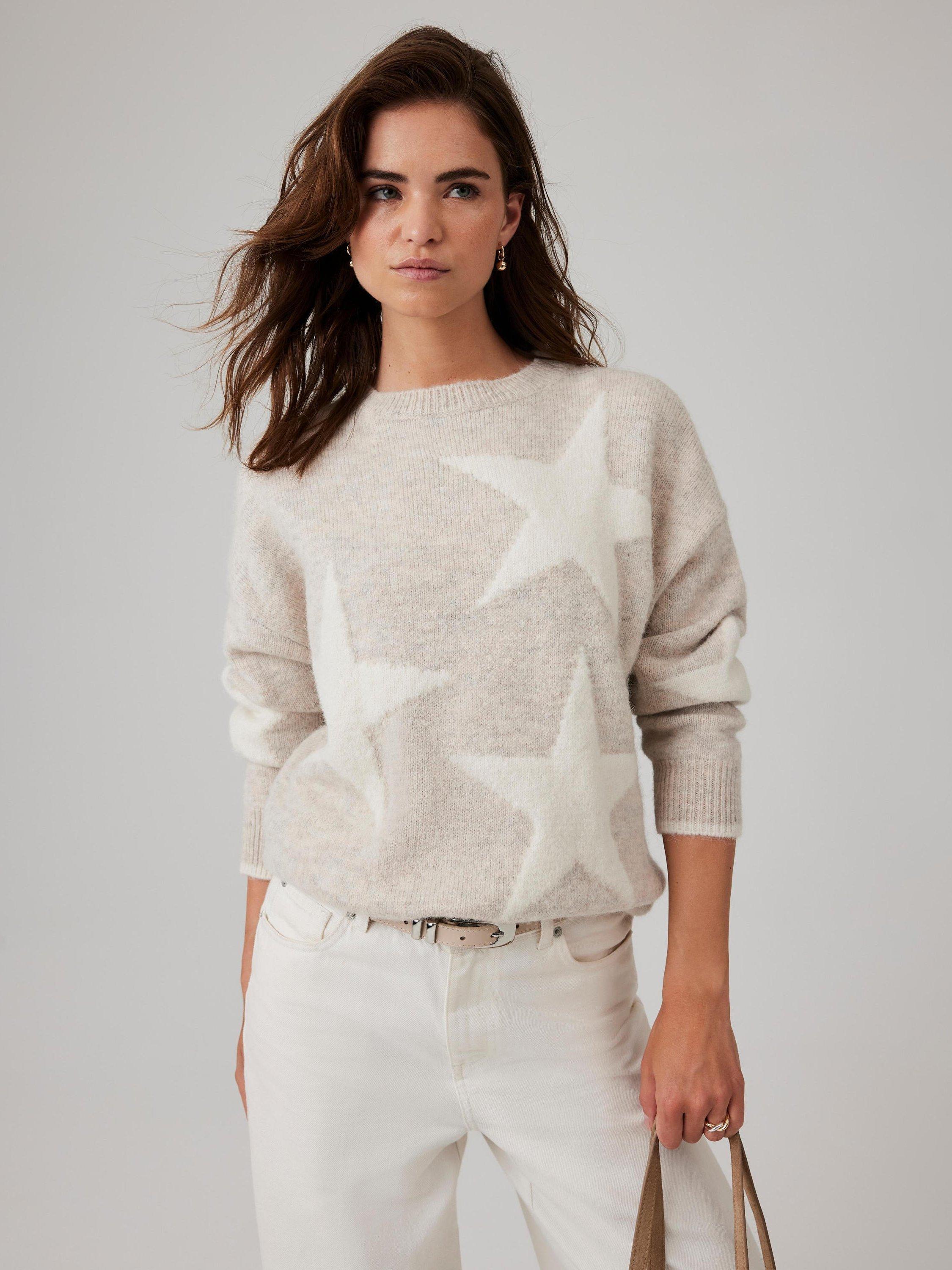 Product image 3 of 8, which shows Mint Velvet Star Knit Wool Blend Jumper, Natural Stone, XS