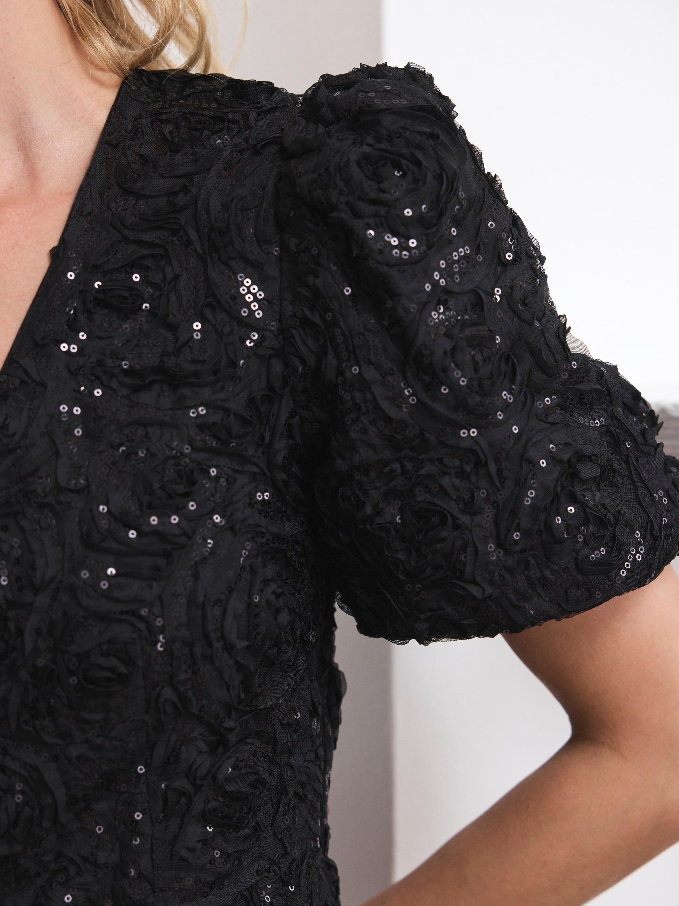 Product image 6 of 8, which shows Mint Velvet Sequin Puff Sleeve Top, Black, 12