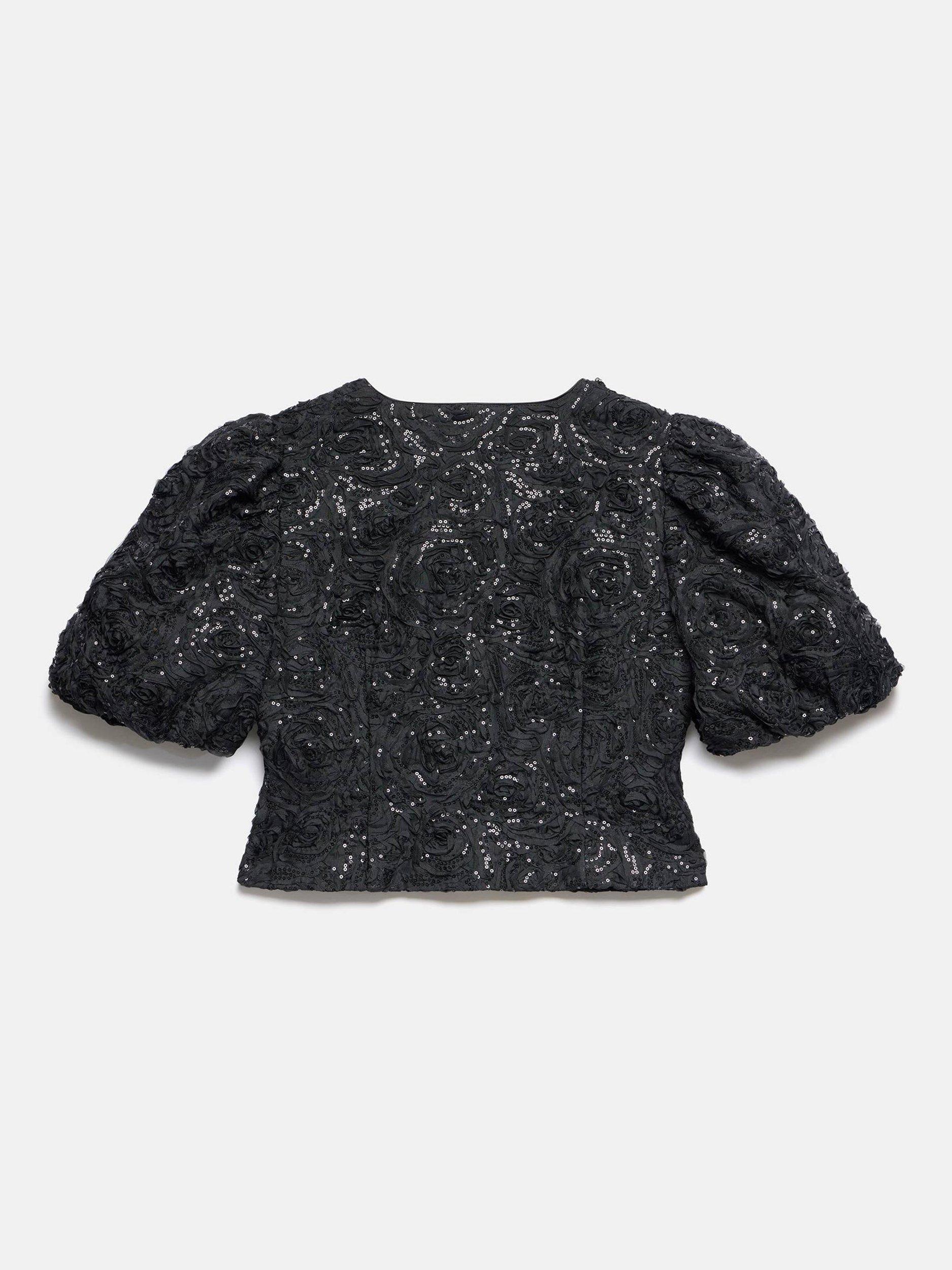 Product image 8 of 8, which shows Mint Velvet Sequin Puff Sleeve Top, Black, 12