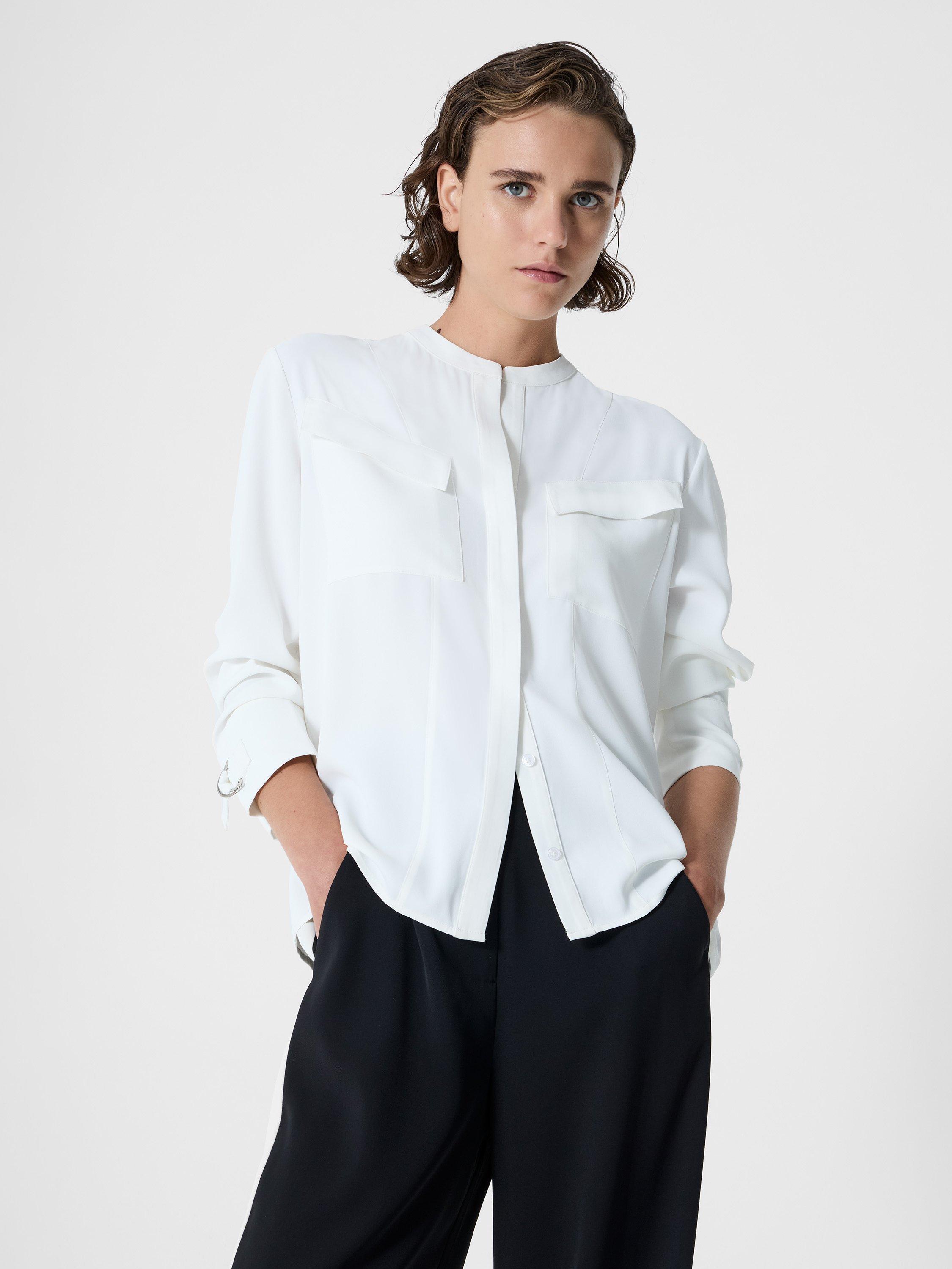 Product image 1 of 5, which shows French Connection Mindy Collarless Long Sleeve Shirt, Winter White, 6