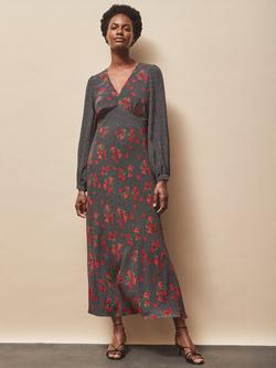 Ro&Zo Floral Polka Dot Long Sleeve V Neck Midi Dress, Red