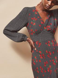 Ro&Zo Floral Polka Dot Long Sleeve V Neck Midi Dress - view 2, Red