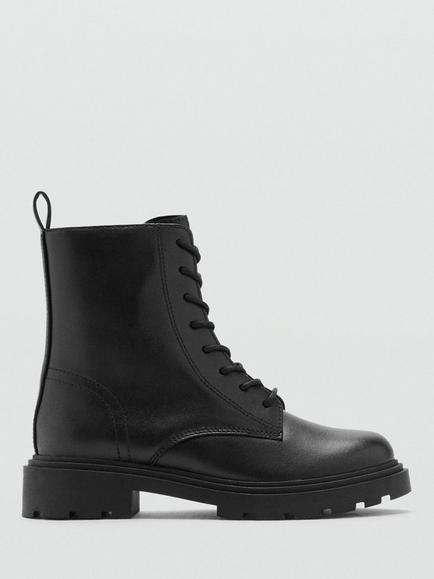 Mango Kids' Basma Leather Blend Lace Up Boots, Black, Black