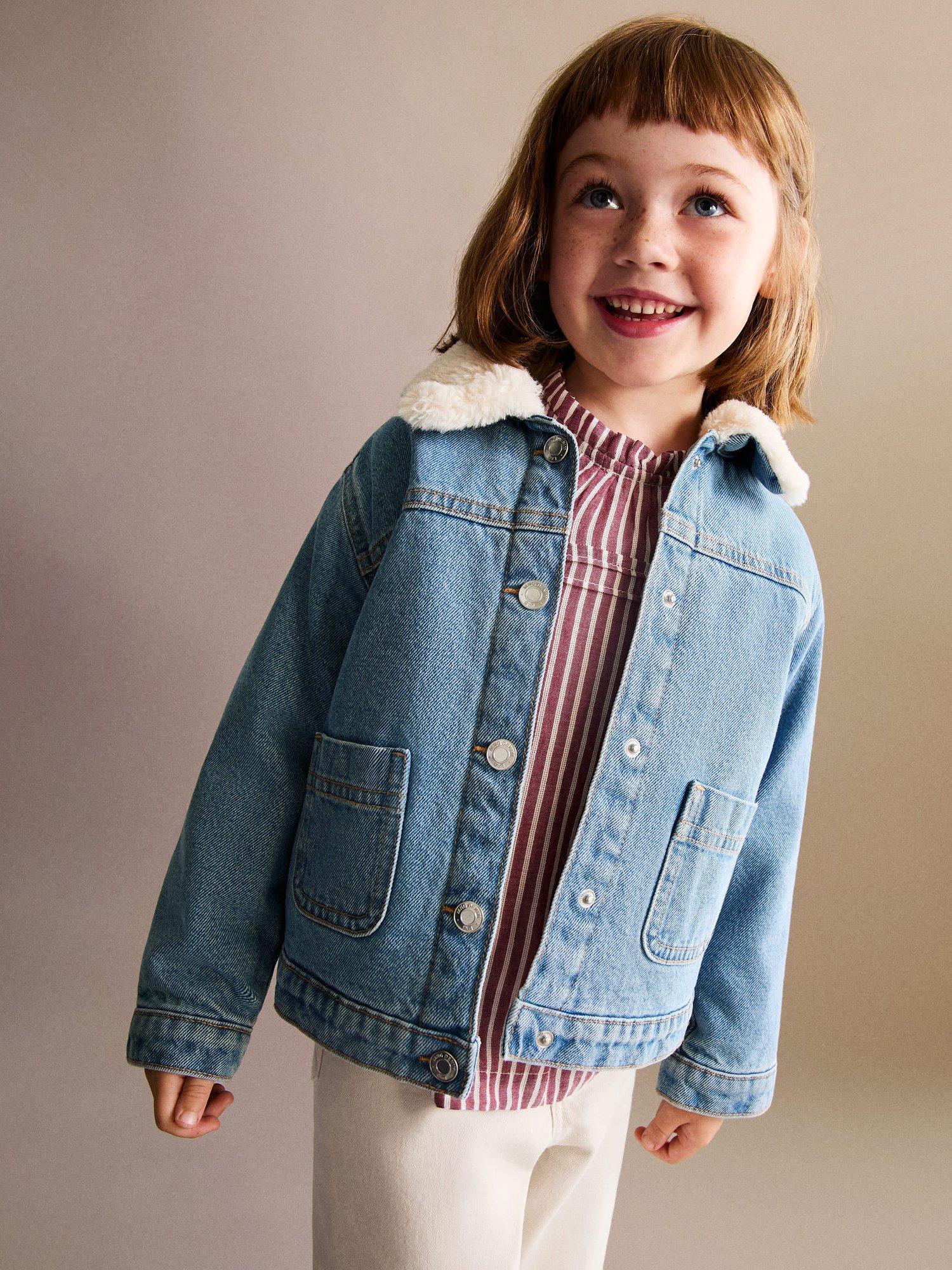 Mango Kids' Fleece Collar Denim Jacket, Mid Blue