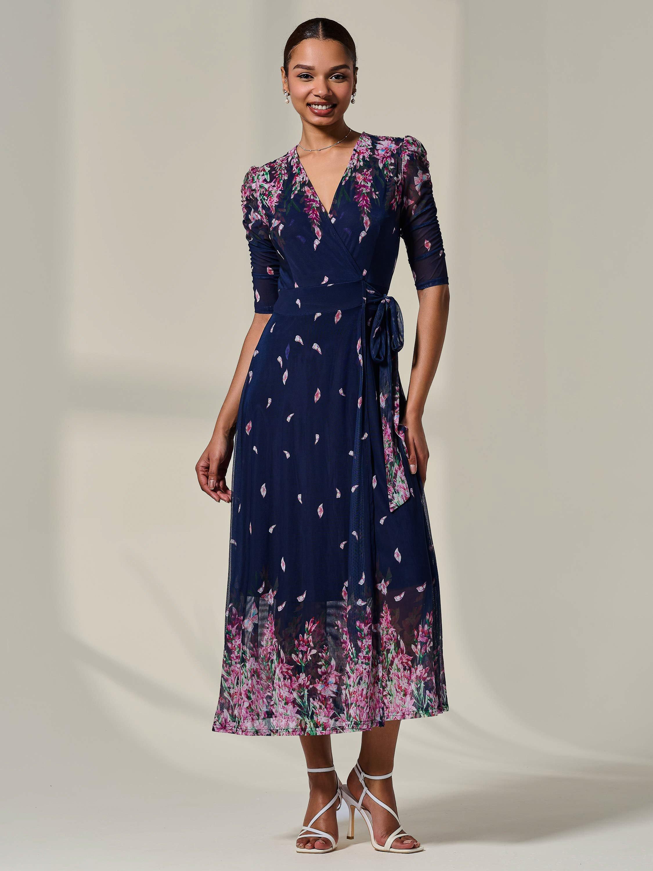 Product image 1 of 11, which shows Jolie Moi Half Sleeve Wrap Midi Dress, Navy/Multi, 8
