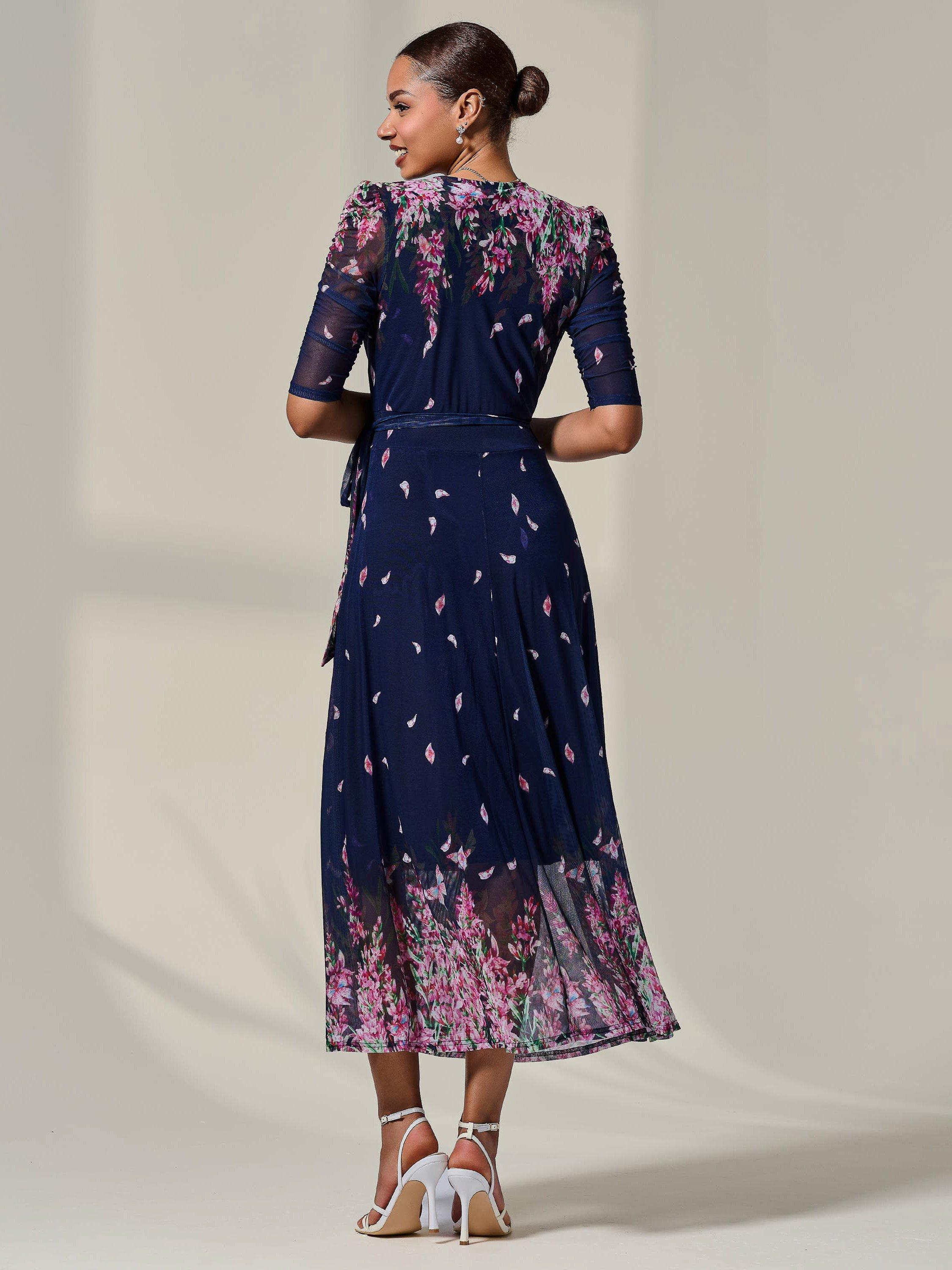 Product image 2 of 11, which shows Jolie Moi Half Sleeve Wrap Midi Dress, Navy/Multi, 8