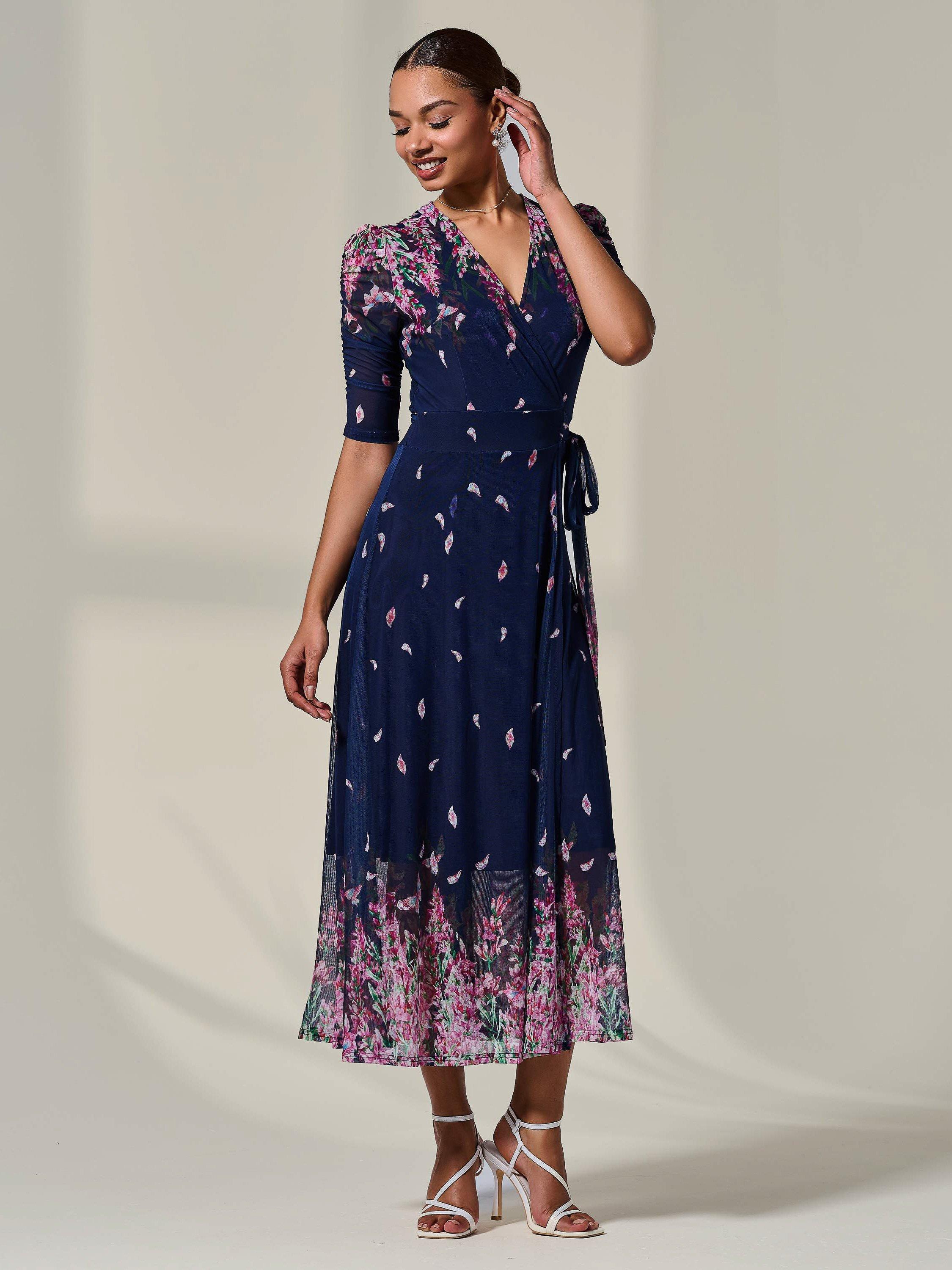 Product image 3 of 11, which shows Jolie Moi Half Sleeve Wrap Midi Dress, Navy/Multi, 8
