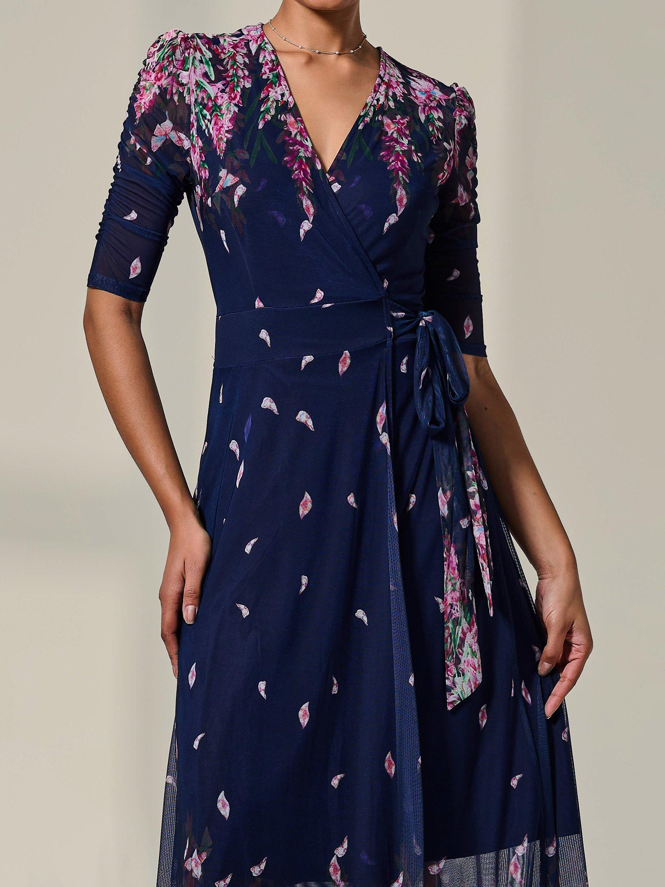 Product image 4 of 11, which shows Jolie Moi Half Sleeve Wrap Midi Dress, Navy/Multi, 8