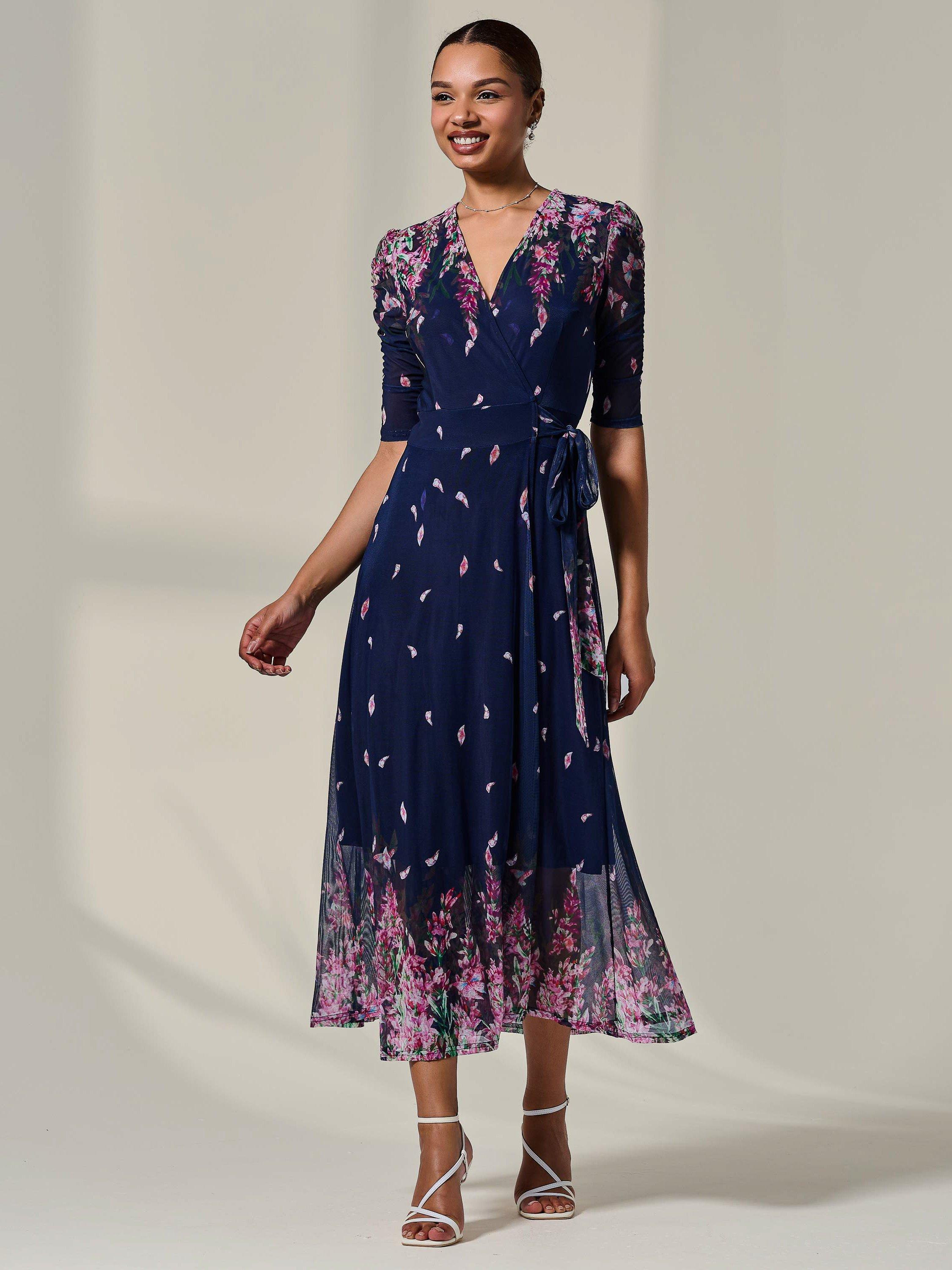 Product image 6 of 11, which shows Jolie Moi Half Sleeve Wrap Midi Dress, Navy/Multi, 8